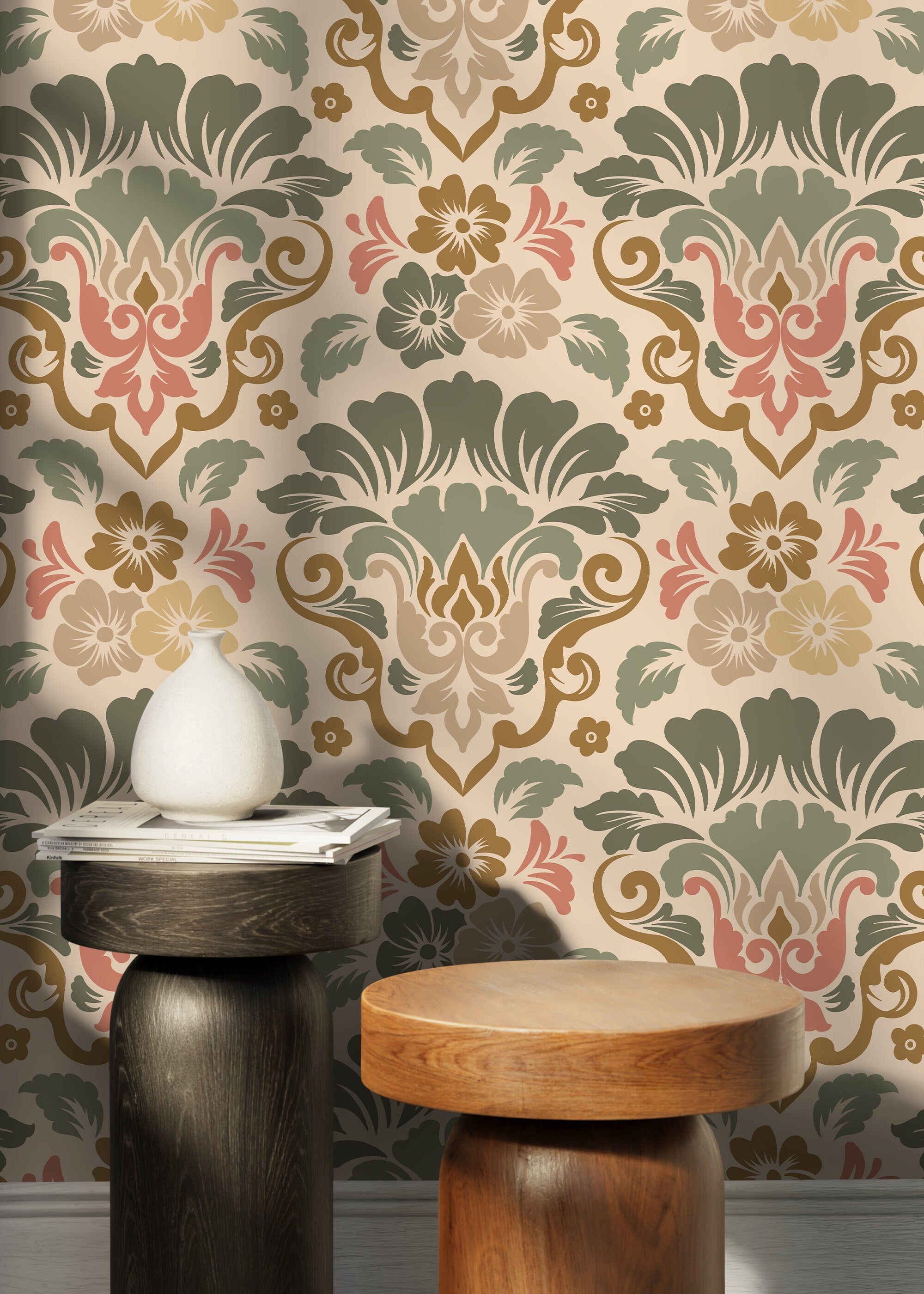 Damask Wallpaper With A Scrolling Floral Motif In Sage, Rose, And Gold - D214