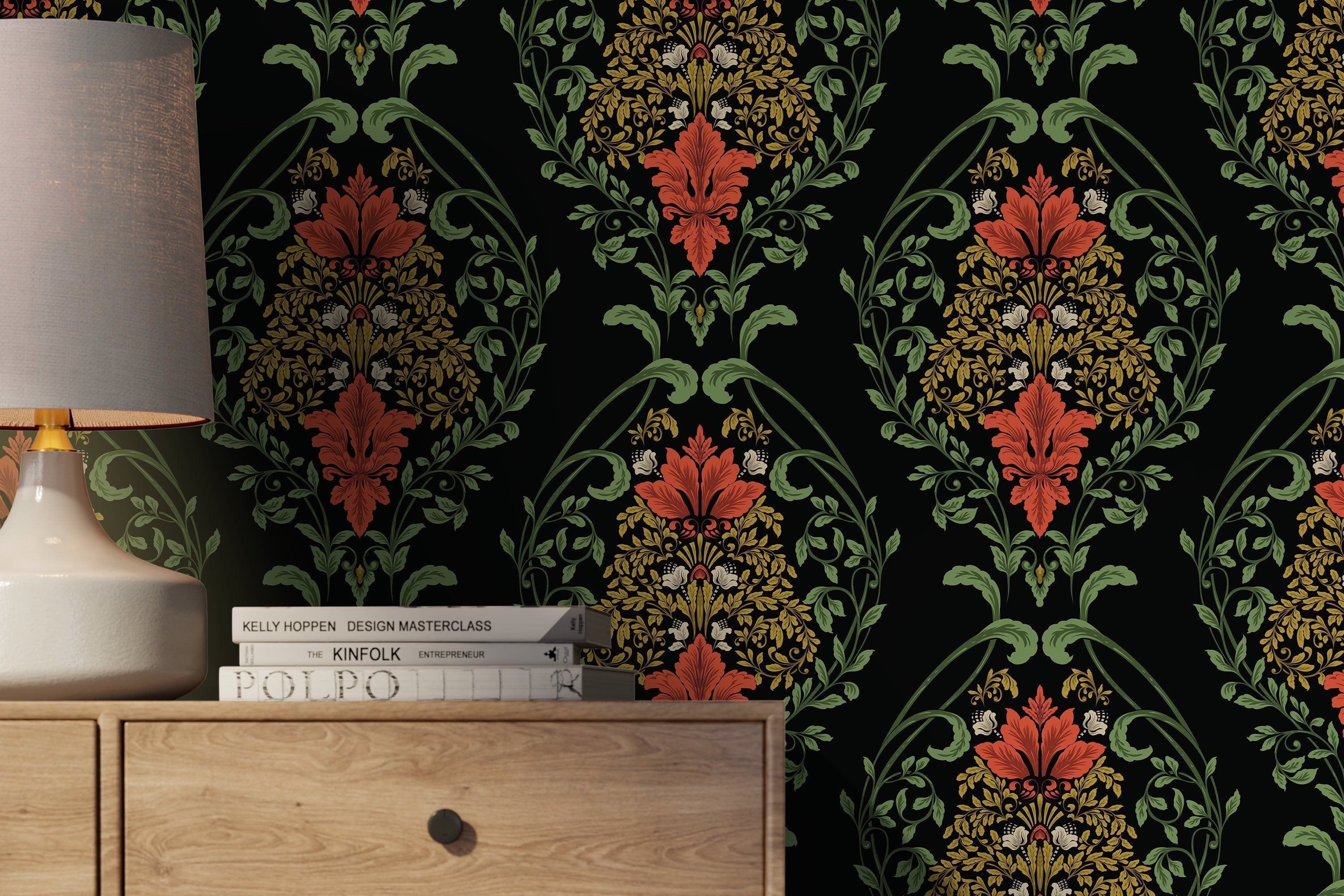 Victorian Floral Wallpaper With A Damask Motif In Red, Green, And Gold - D218