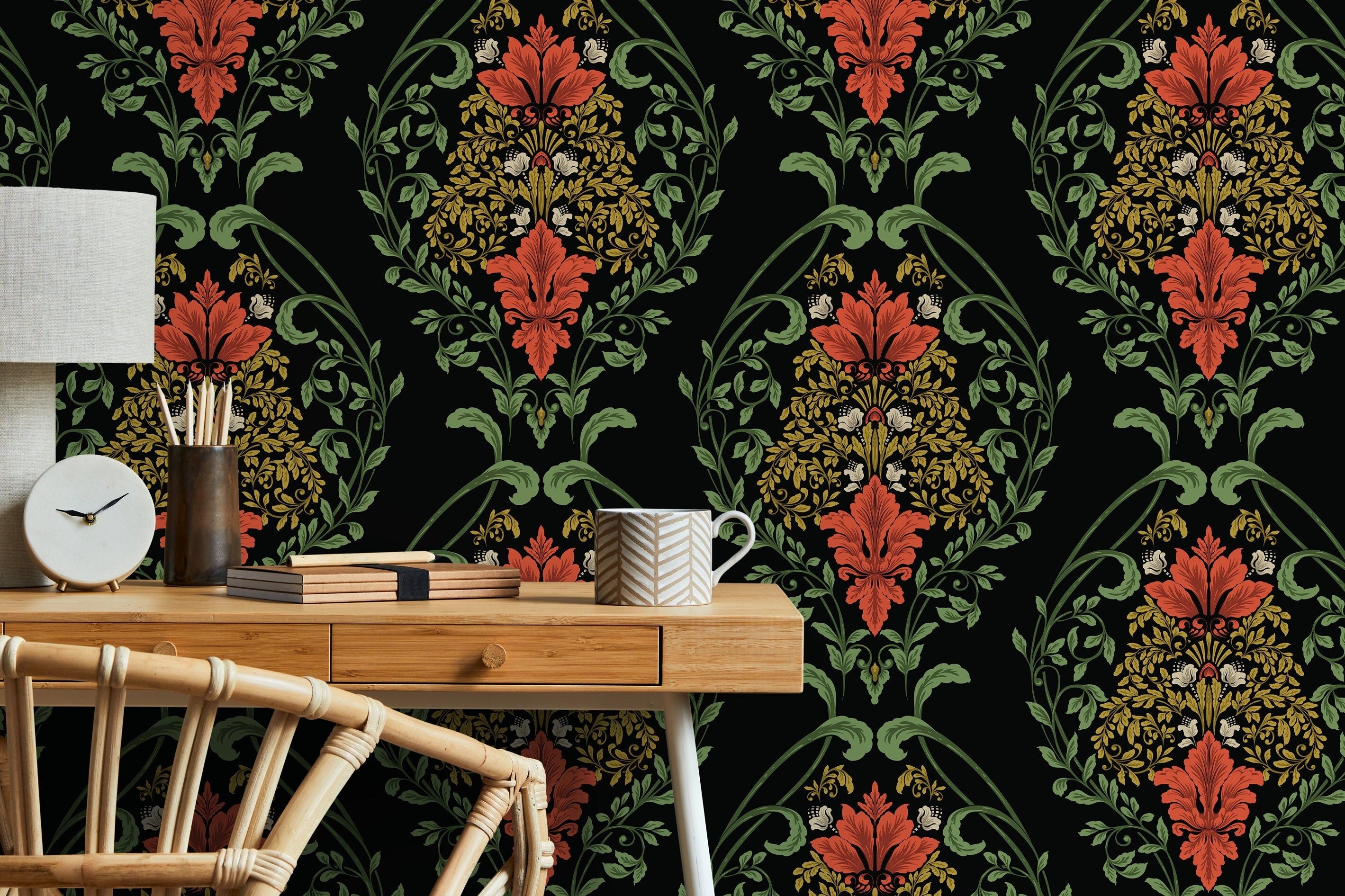 Victorian Floral Wallpaper With A Damask Motif In Red, Green, And Gold - D218