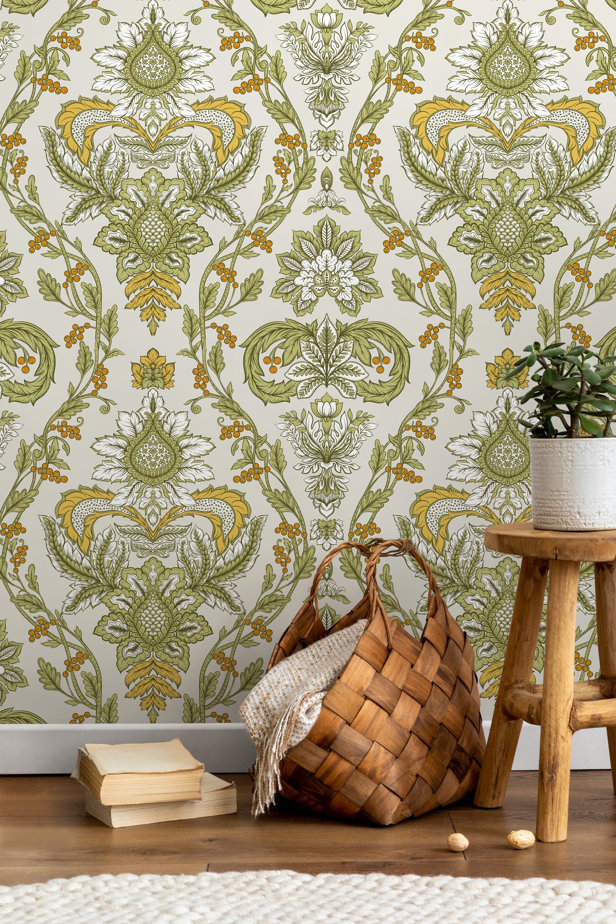 Victorian Wallpaper With A Floral Damask Motif In Green, Yellow, And Orange - D224