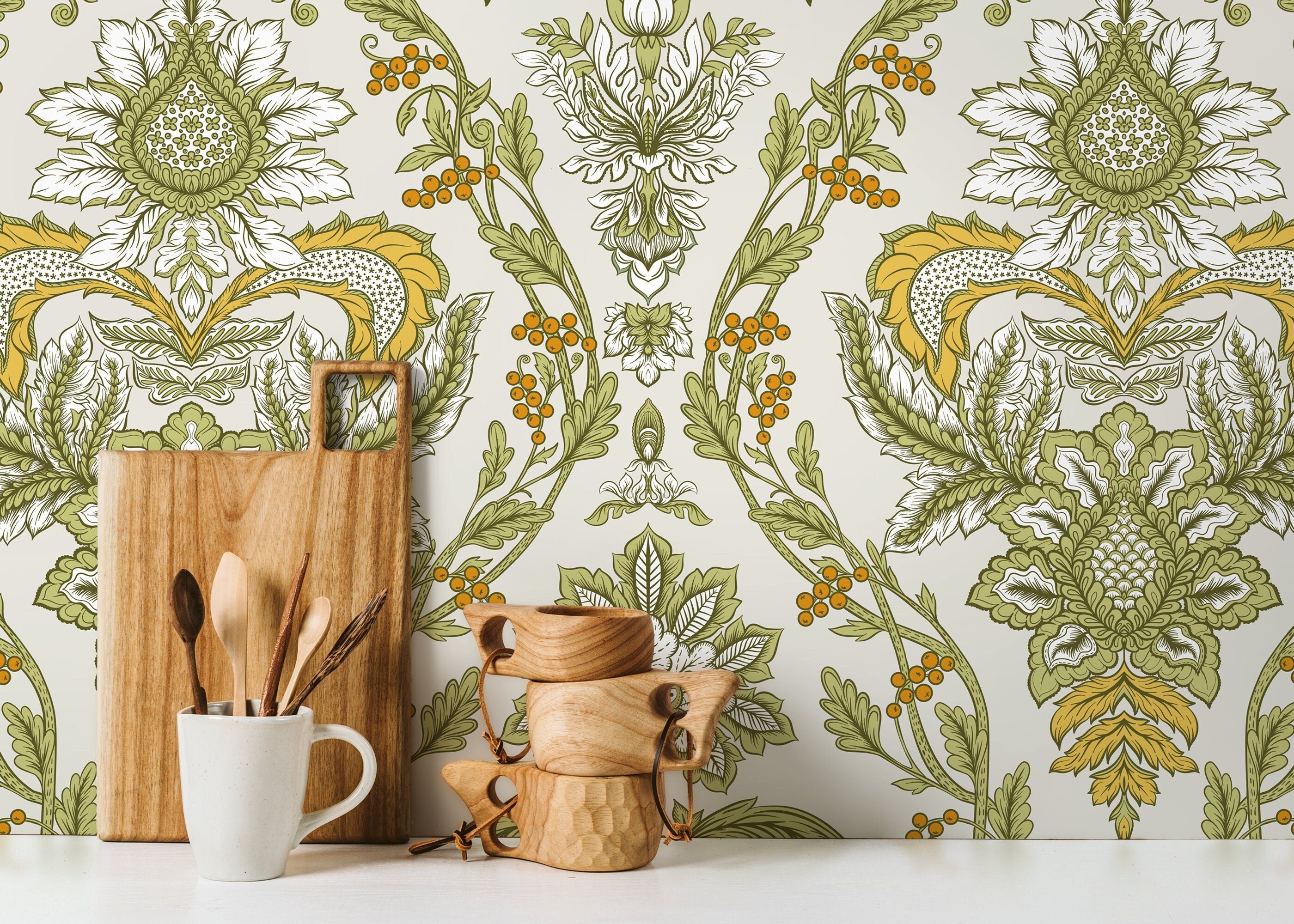 Victorian Wallpaper With A Floral Damask Motif In Green, Yellow, And Orange - D224
