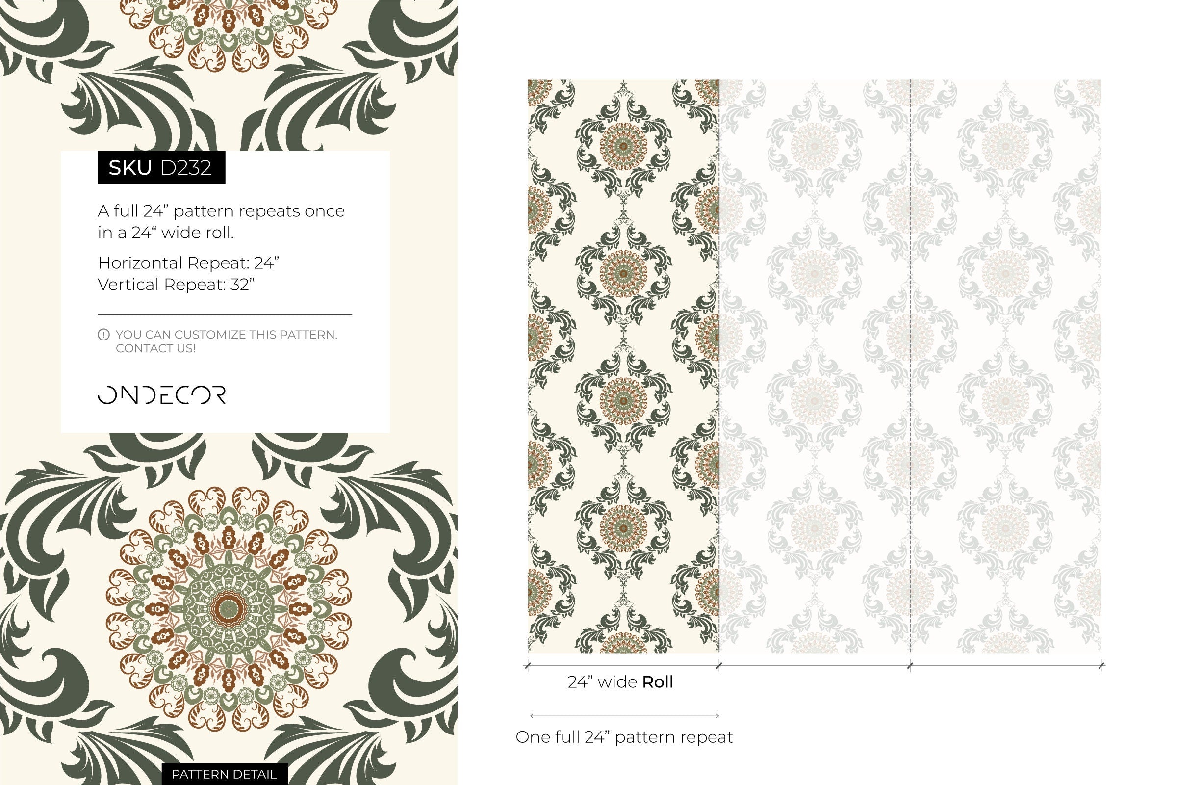 Ornamental Wallpaper With A Mandala And Scrollwork Motif In Green And Brown - D232