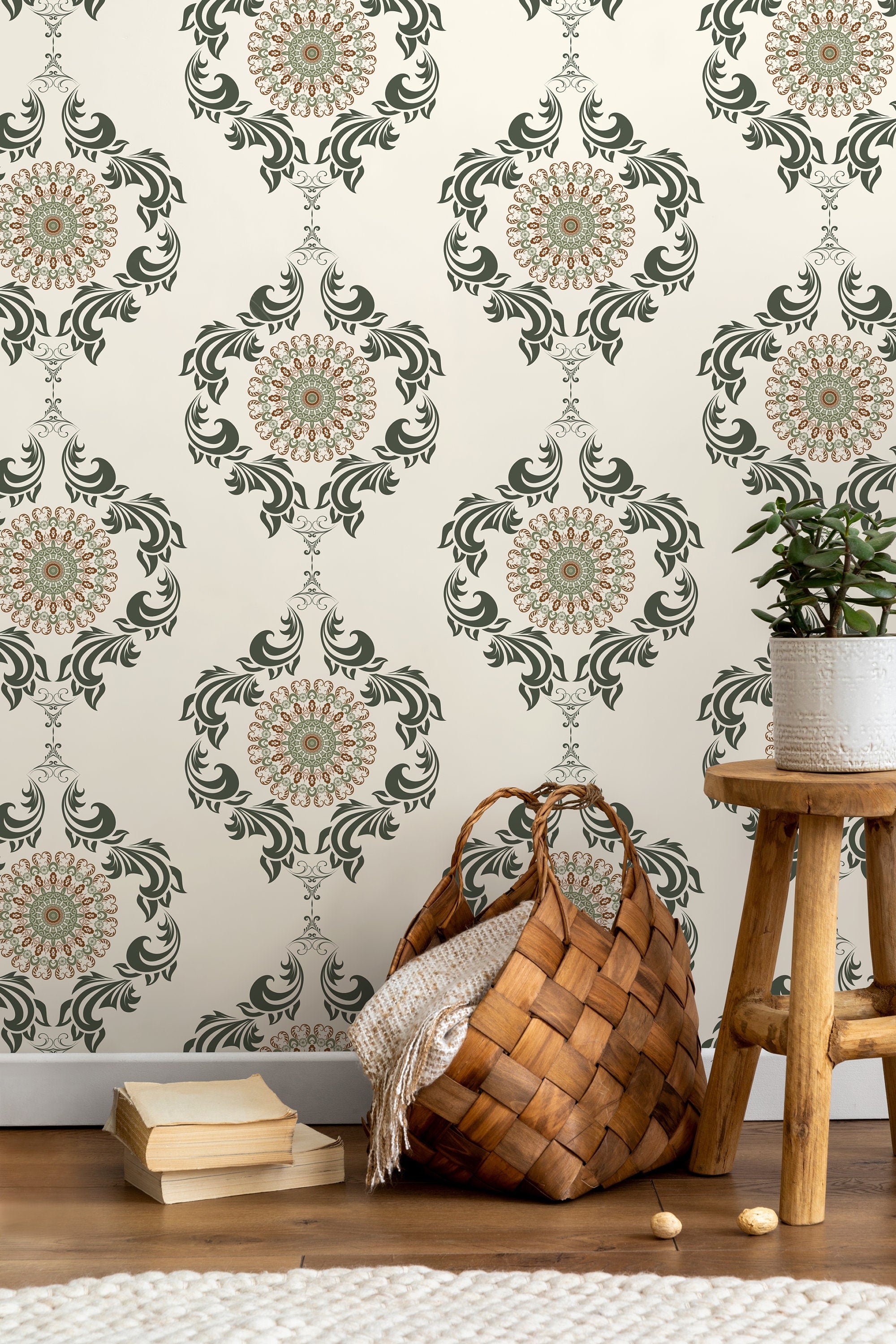 Ornamental Wallpaper With A Mandala And Scrollwork Motif In Green And Brown - D232