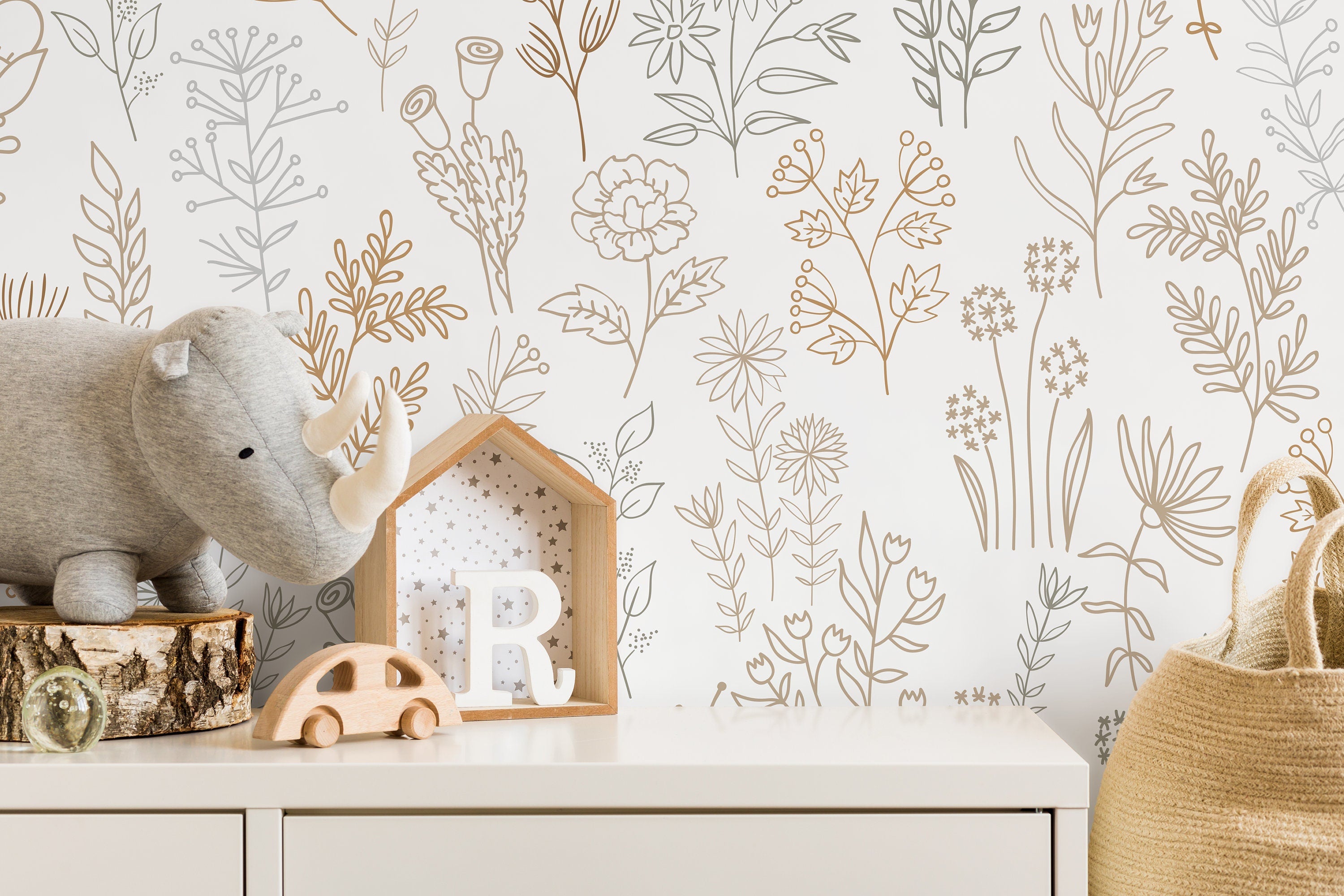Botanical Wallpaper With Minimalist Wildflowers In Brown, Green, And Beige - D236