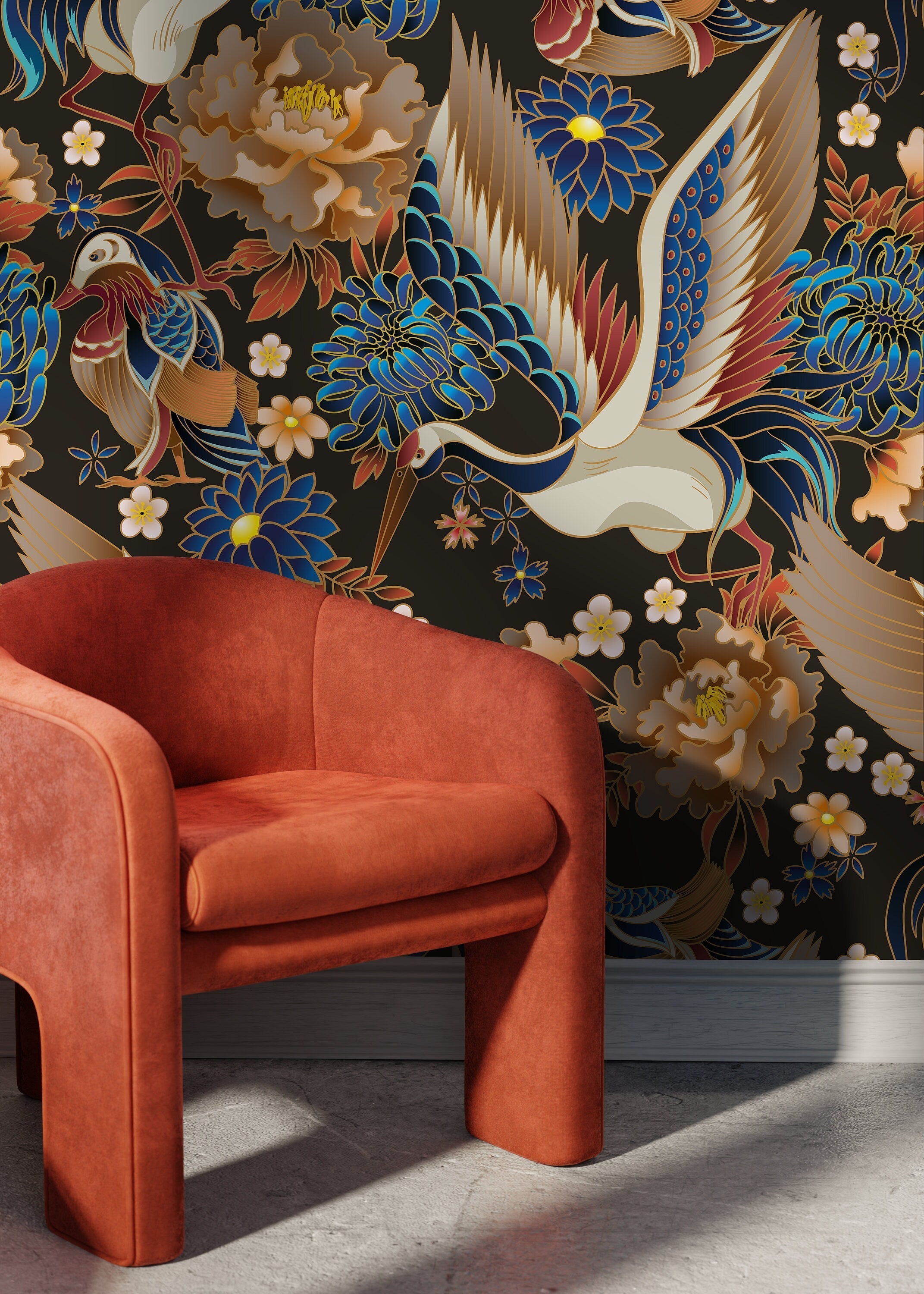 Chinoiserie Wallpaper Featuring Elegant Cranes And Florals In Blue, Gold, And Red - D245
