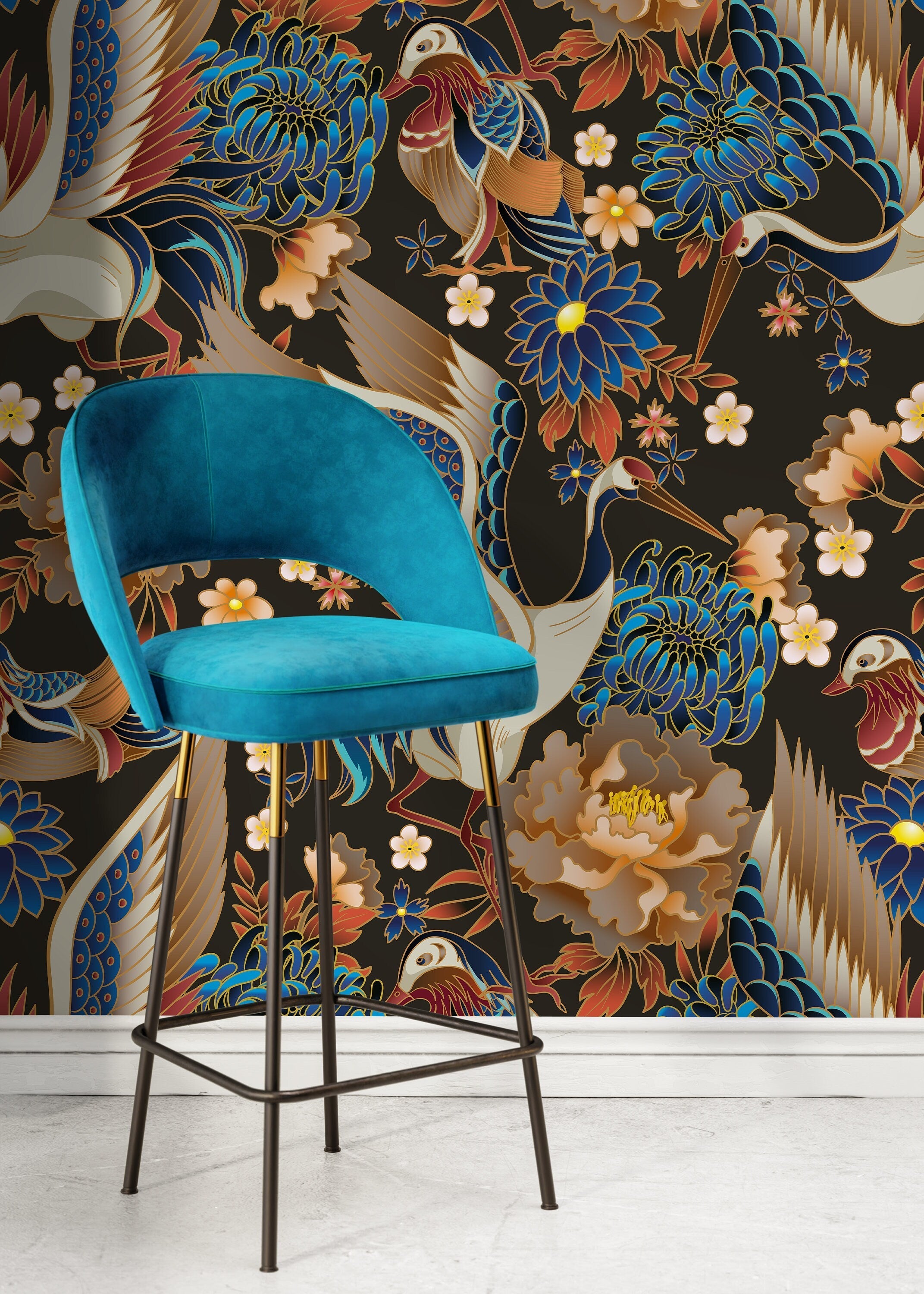 Chinoiserie Wallpaper Featuring Elegant Cranes And Florals In Blue, Gold, And Red - D245
