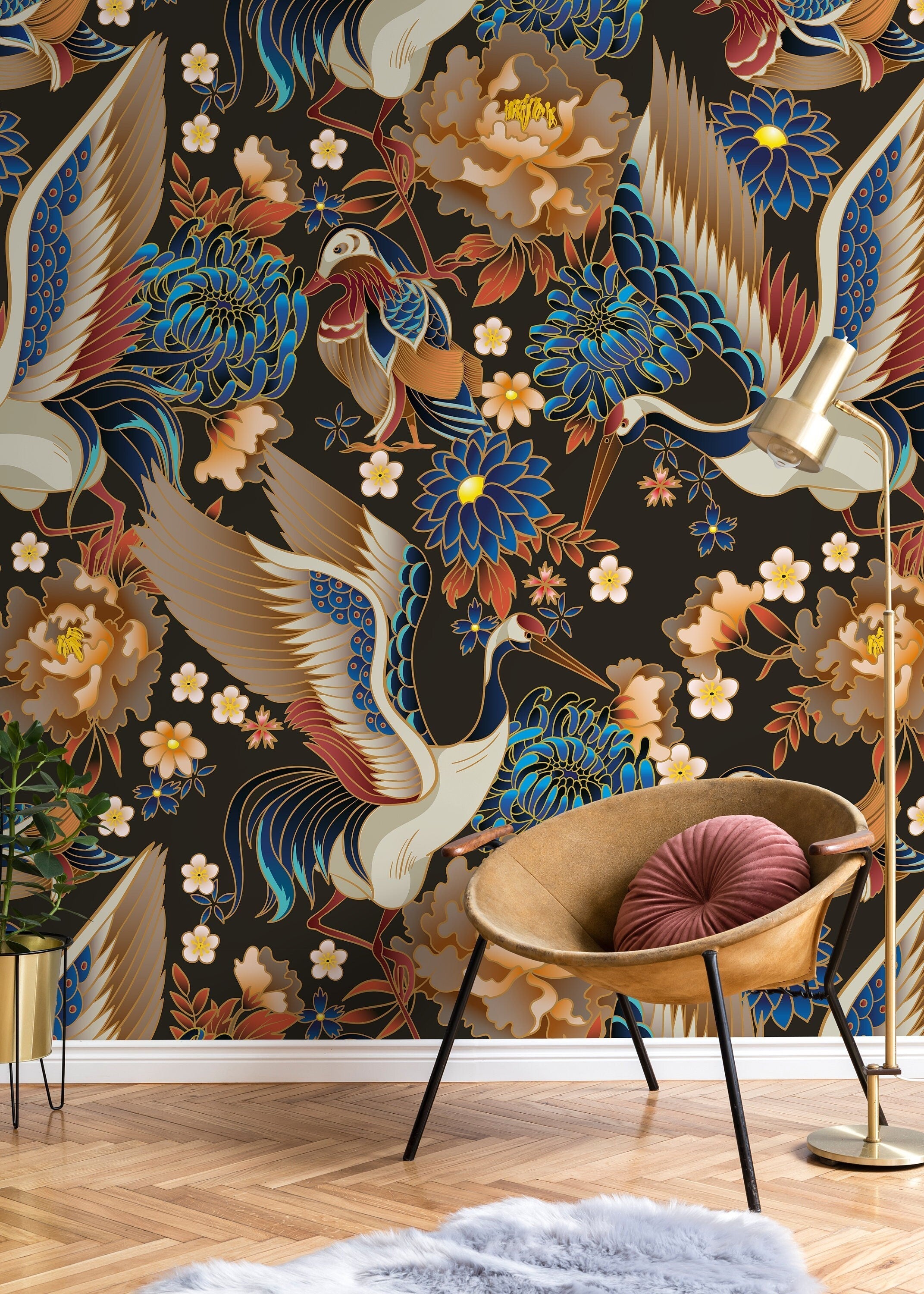 Chinoiserie Wallpaper Featuring Elegant Cranes And Florals In Blue, Gold, And Red - D245