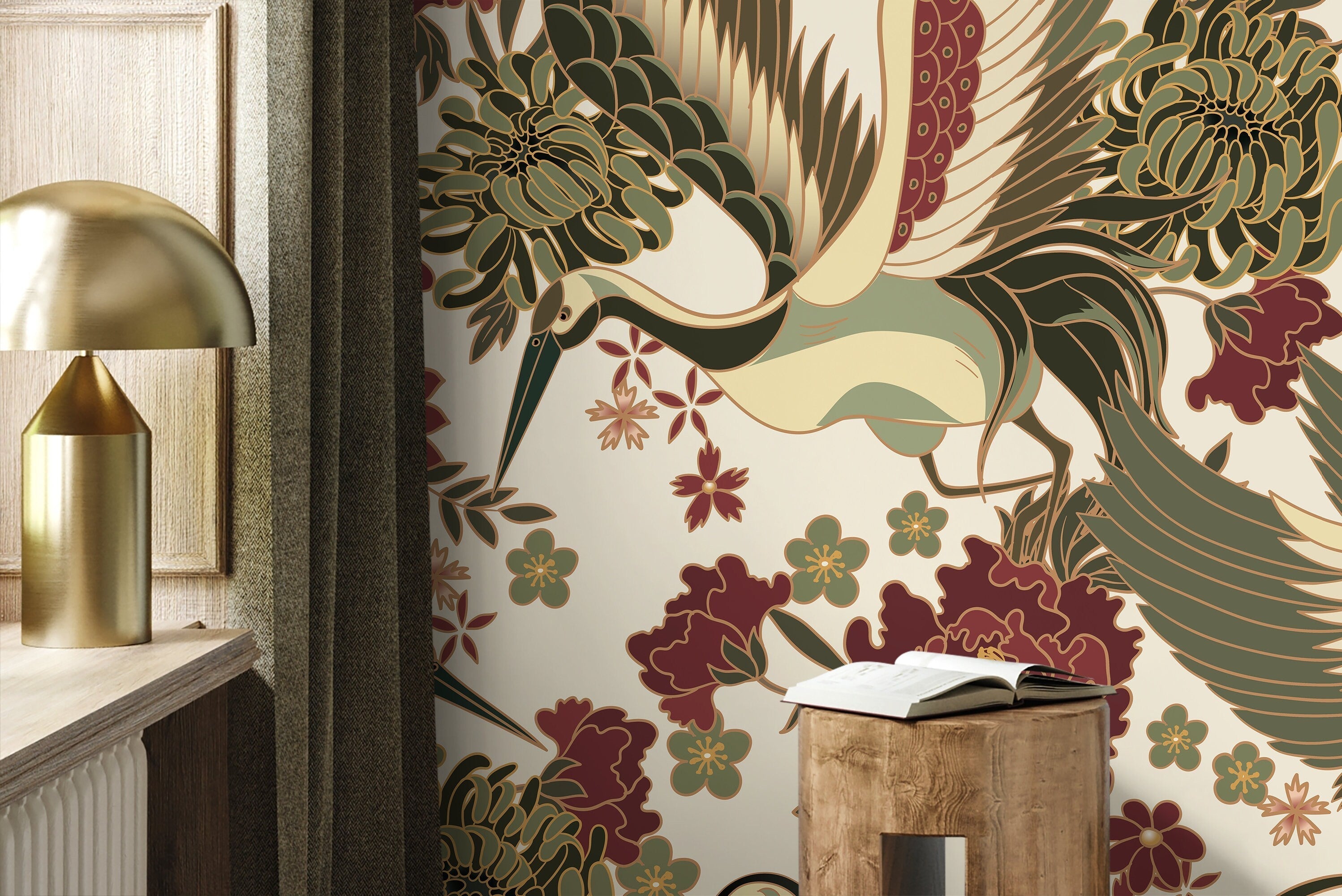 Chinoiserie Wallpaper With Cranes And Florals In Red, Green, And Beige - D247