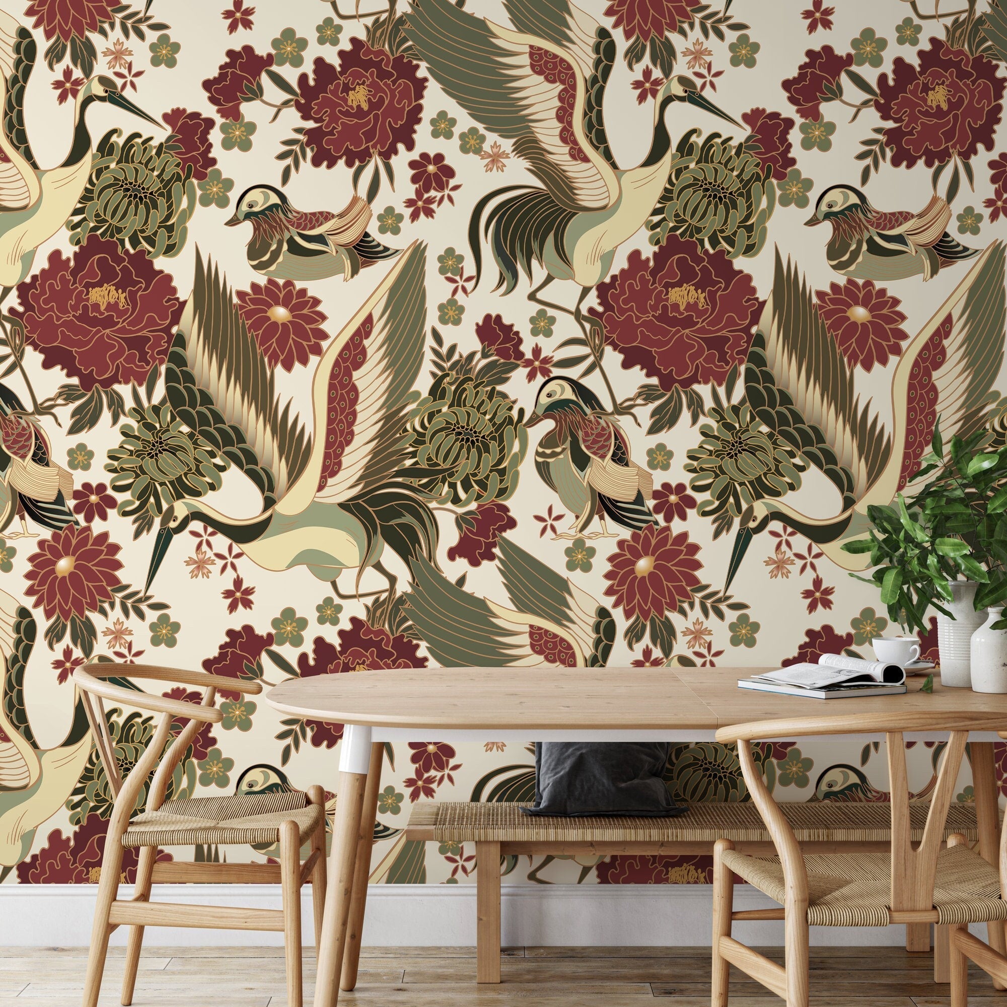 Chinoiserie Wallpaper With Cranes And Florals In Red, Green, And Beige - D247