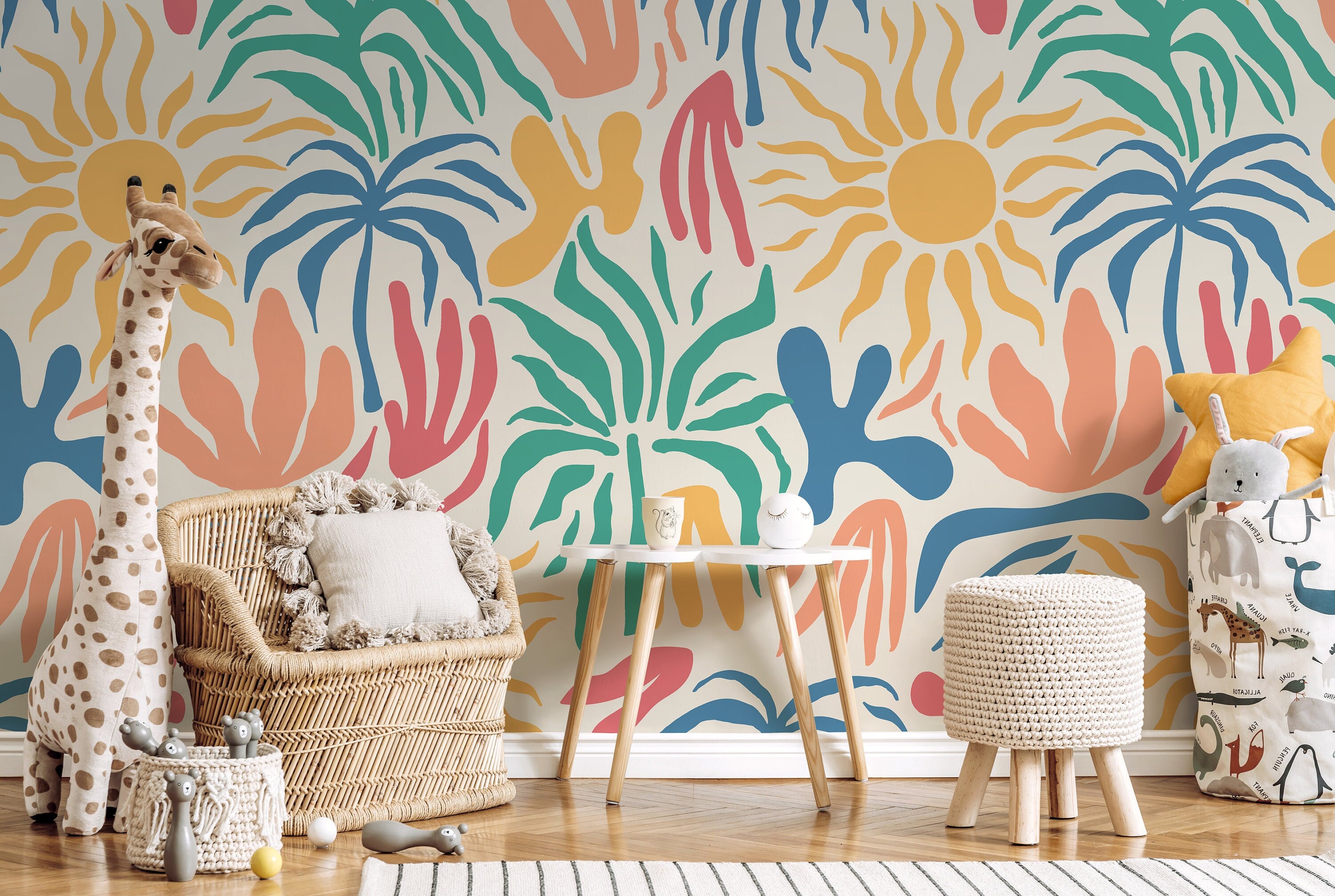 Tropical Wallpaper With Matisse Inspired Shapes In Blue, Yellow, And Teal - D248
