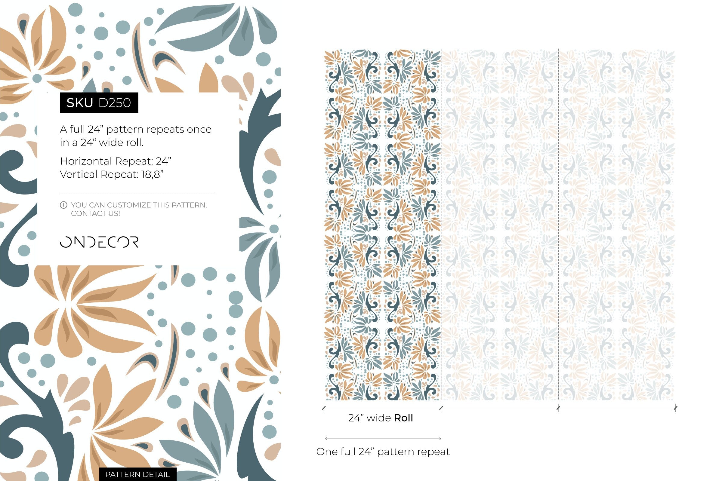 Floral Wallpaper With A Stylized Damask Motif In Teal, Tan, And Blue - D250