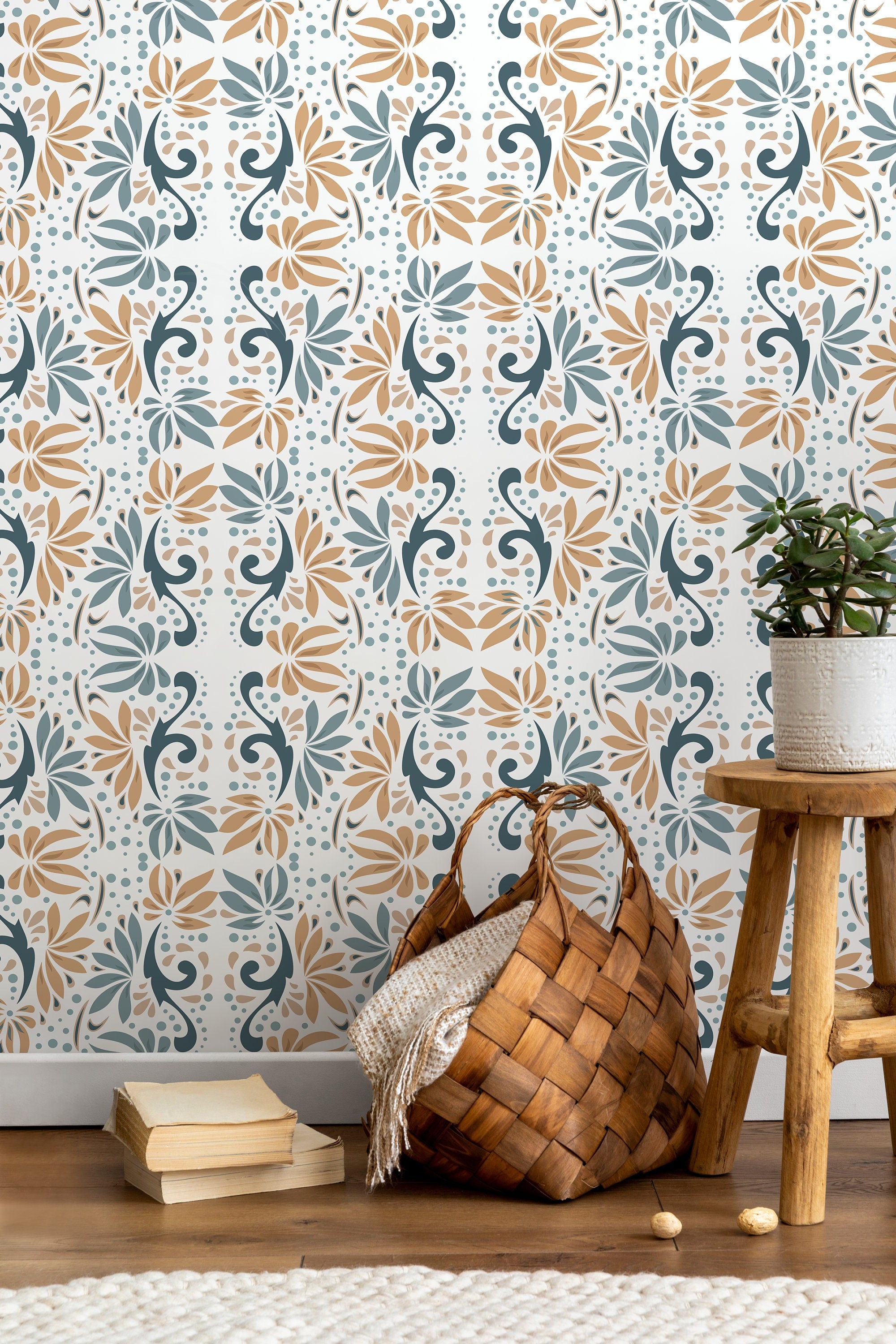 Floral Wallpaper With A Stylized Damask Motif In Teal, Tan, And Blue - D250