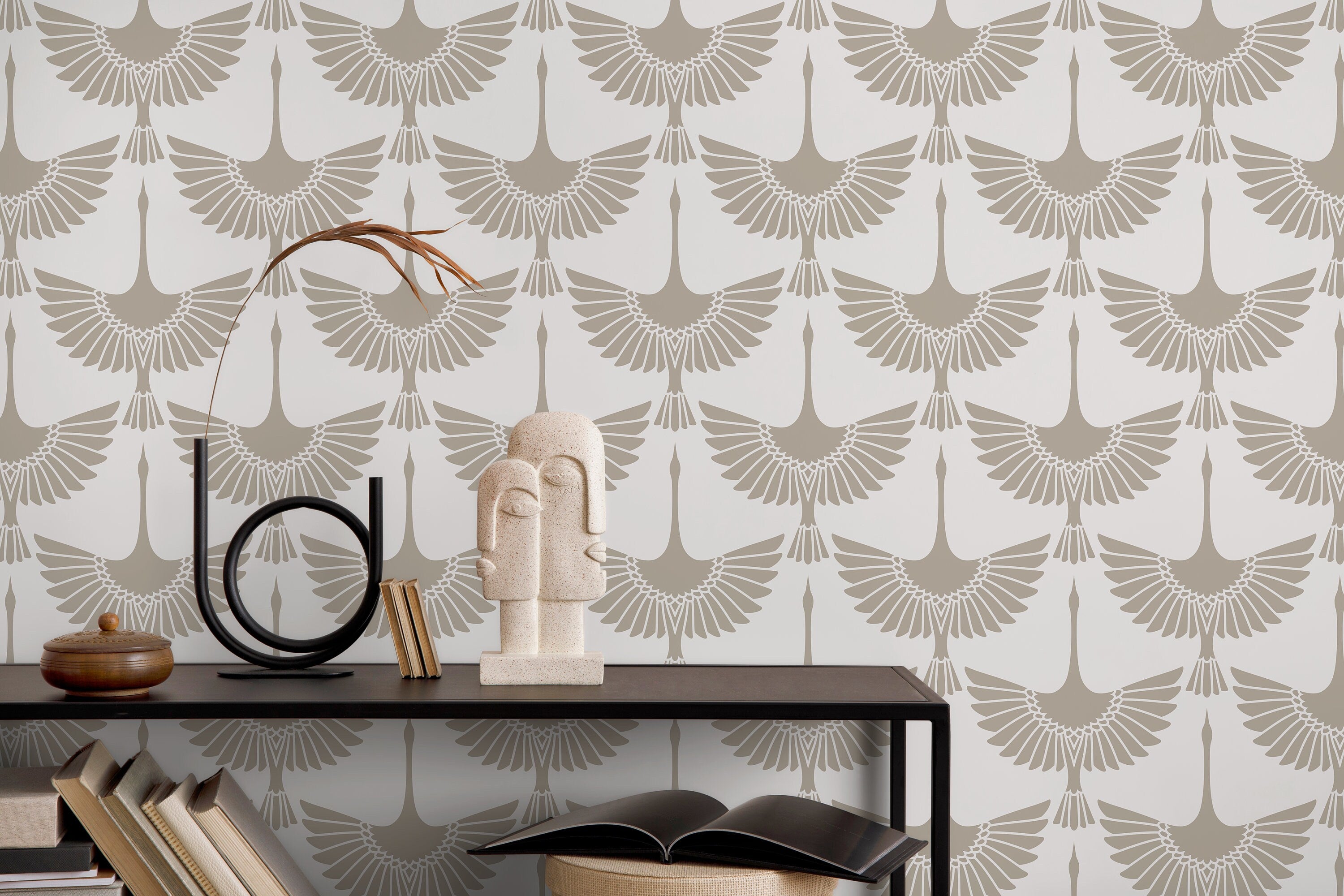 Bird Wallpaper With A Stylized Swan Motif In Neutral Taupe - D261