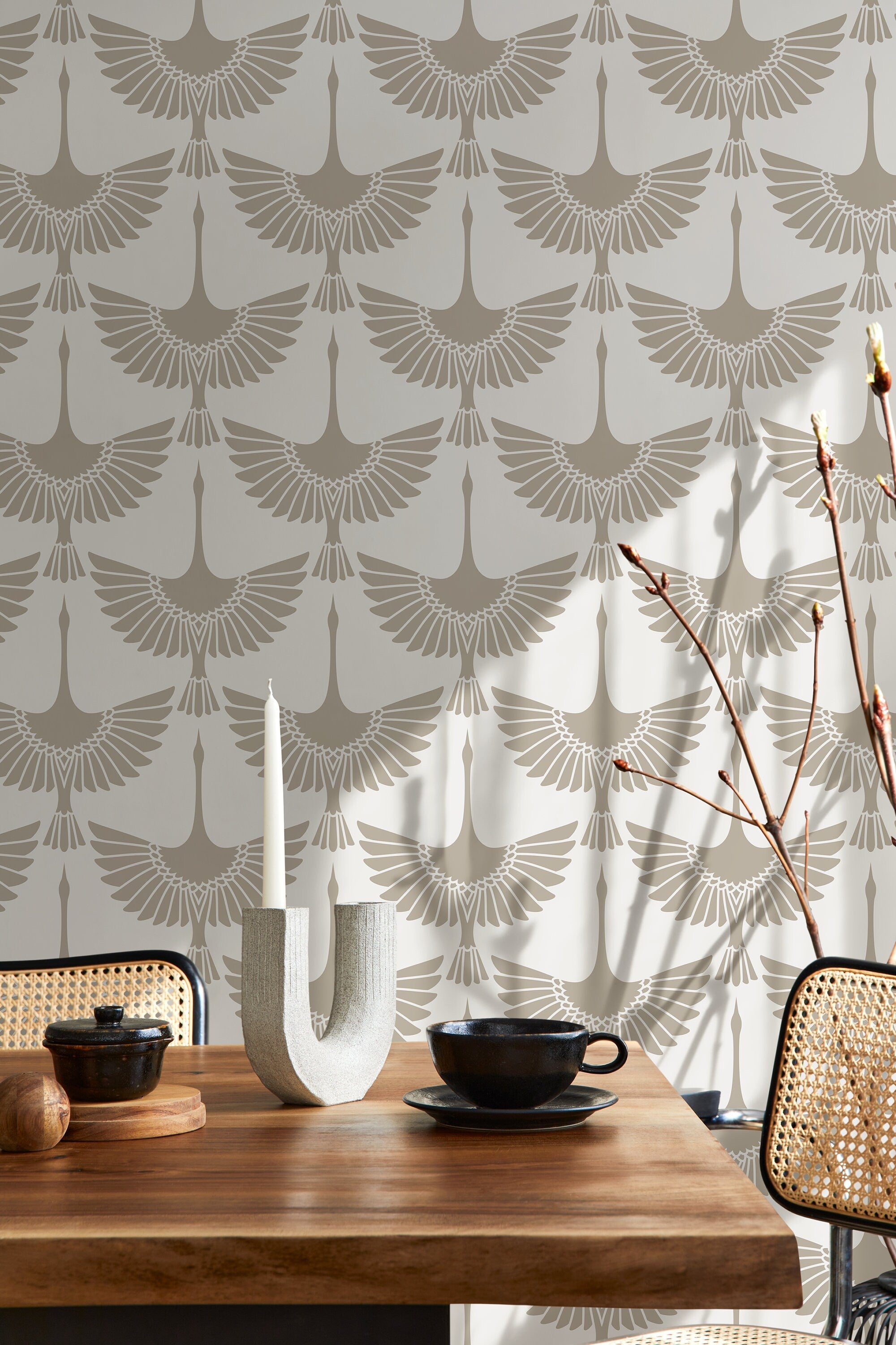 Bird Wallpaper With A Stylized Swan Motif In Neutral Taupe - D261
