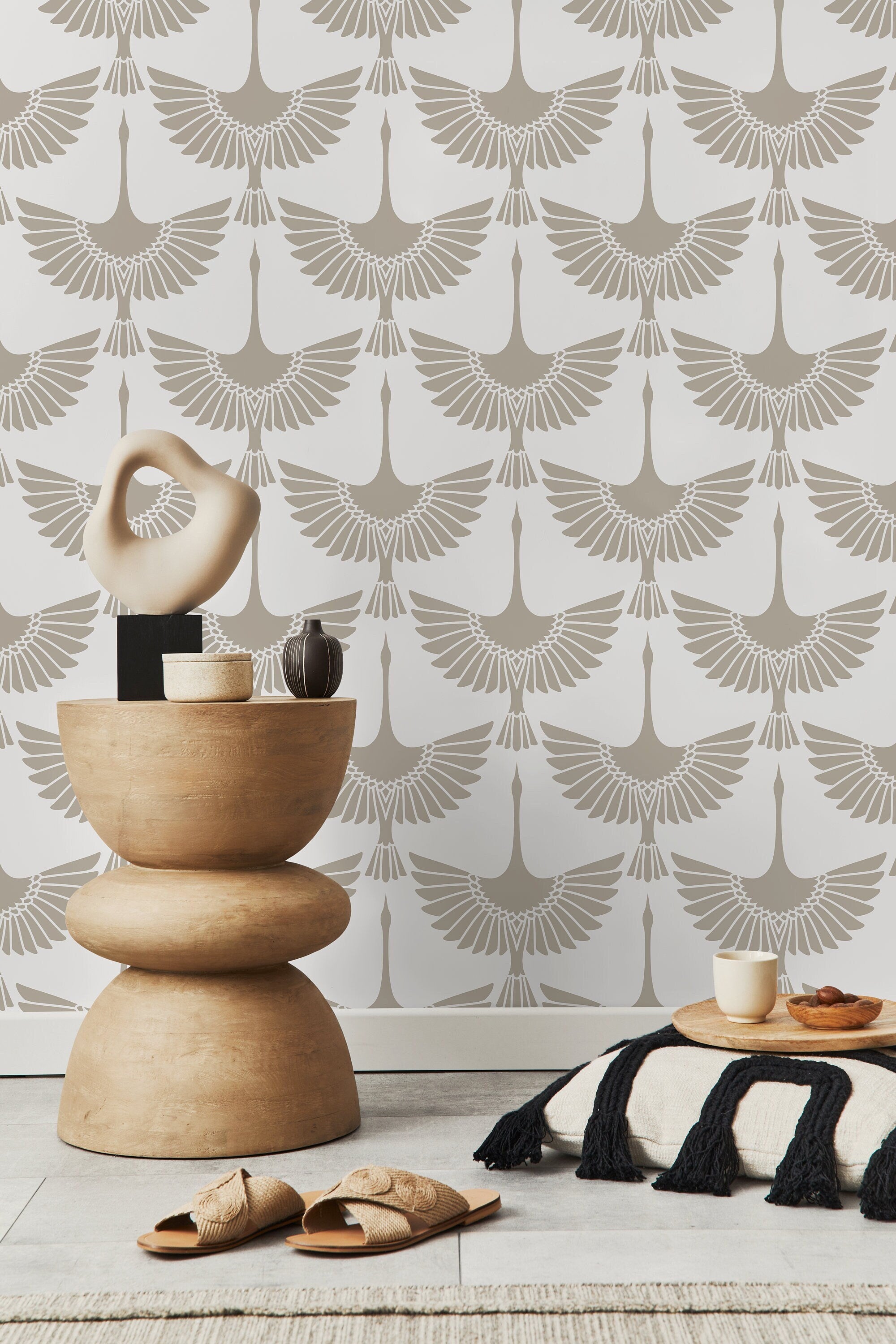 Bird Wallpaper With A Stylized Swan Motif In Neutral Taupe - D261