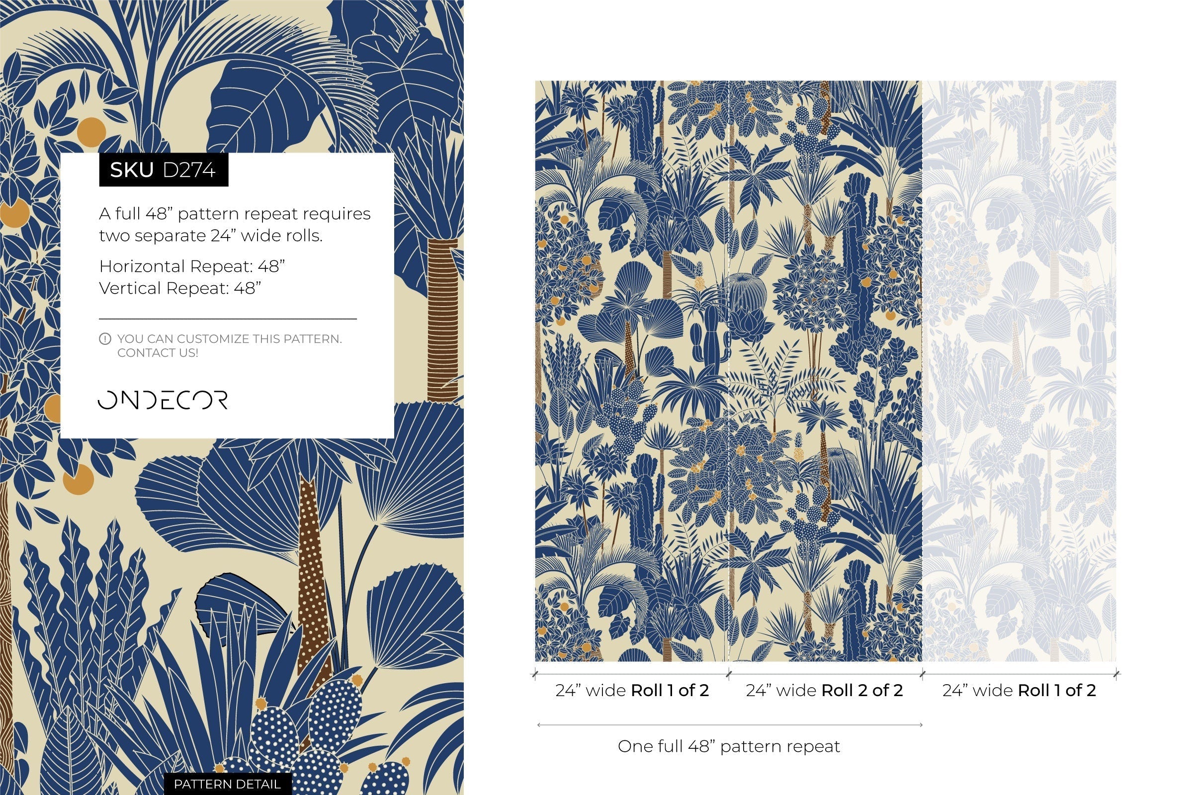 Botanical Wallpaper With A Dense Tropical Jungle Motif In Blue And Orange - D274