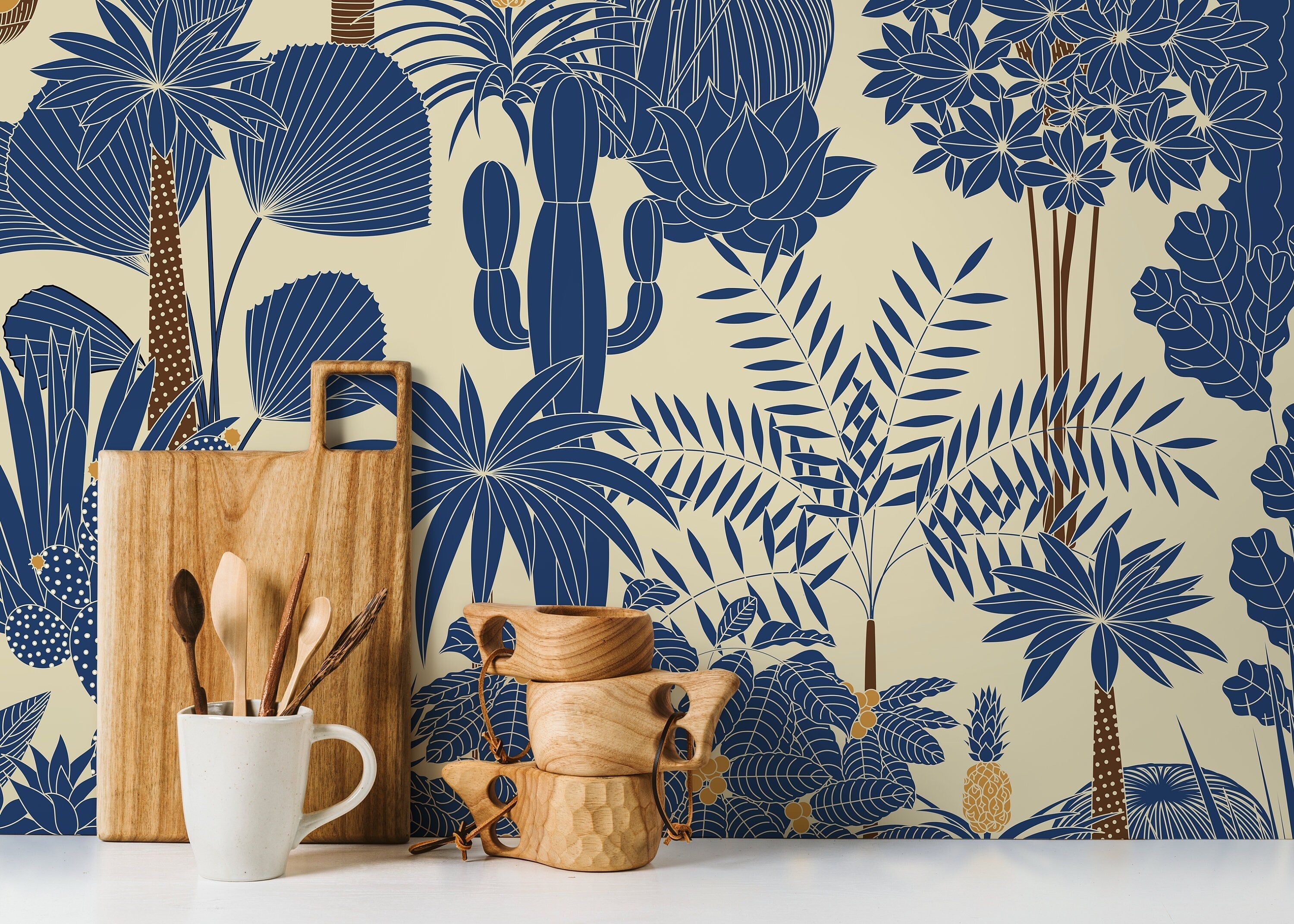 Botanical Wallpaper With A Dense Tropical Jungle Motif In Blue And Orange - D274