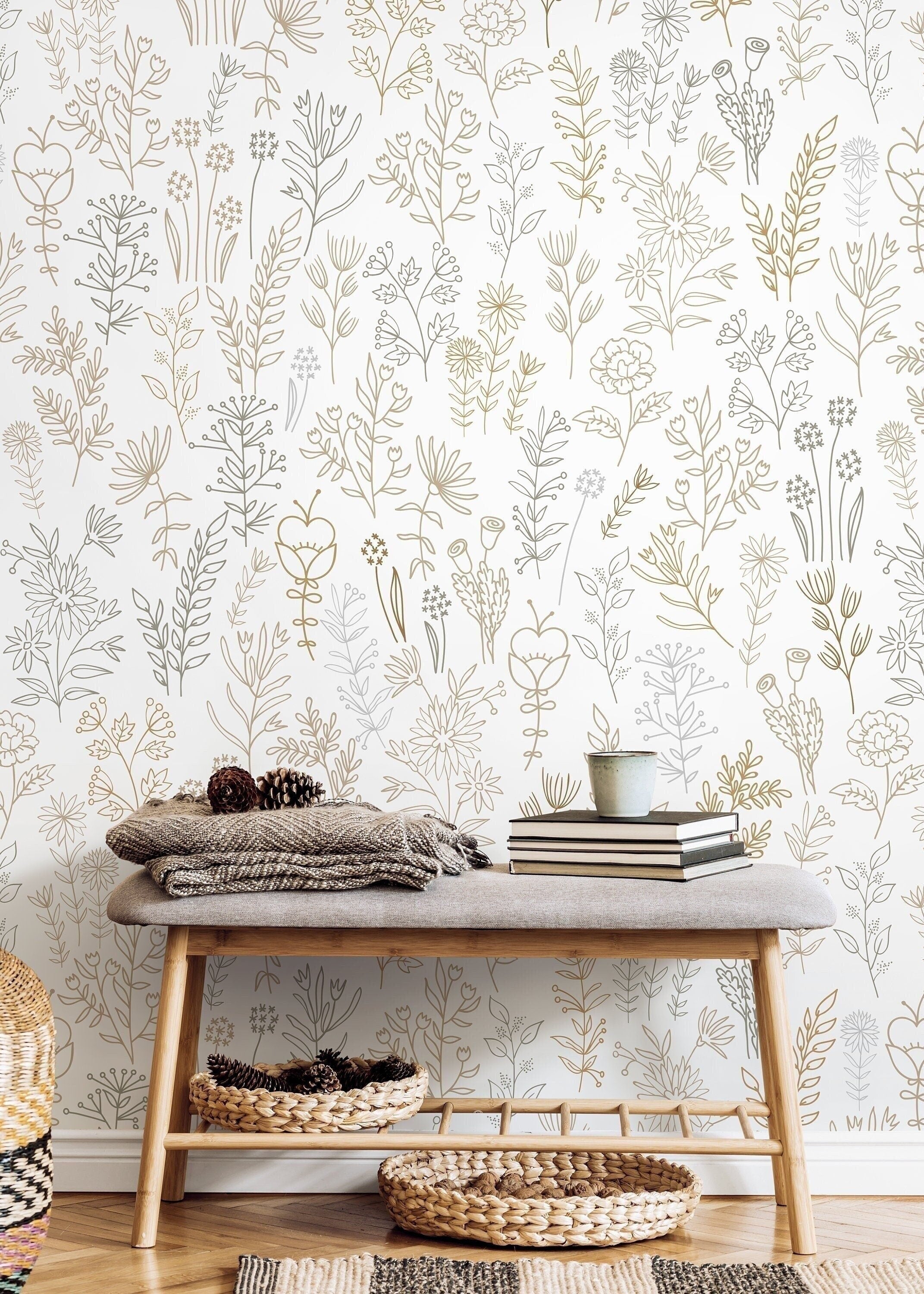 Botanical Wallpaper With Minimalist Wildflowers In Brown, Green, And Beige - D236