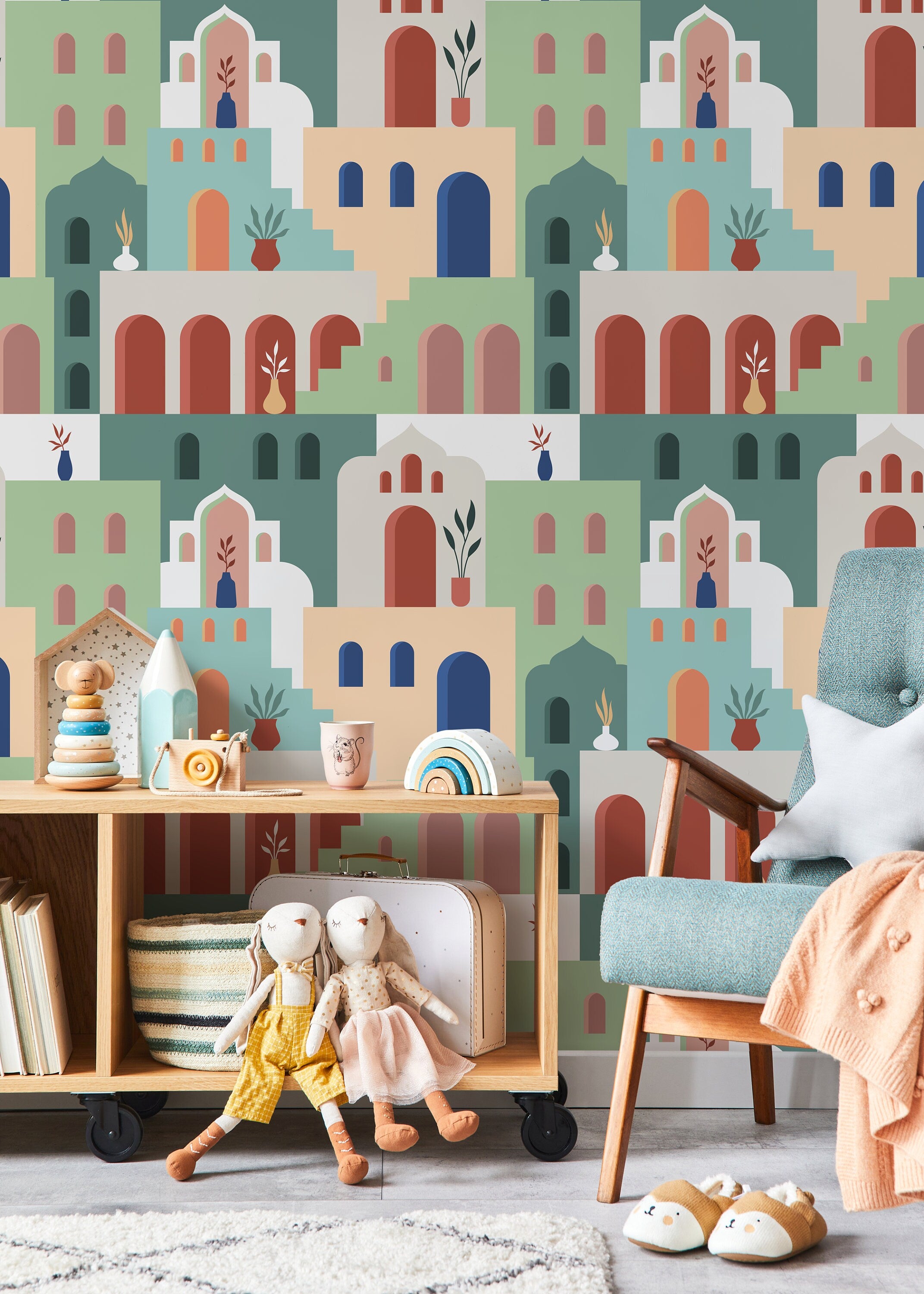 Moroccan Wallpaper With A Stylized Village Scene In Green, Beige, And Terracotta - D204