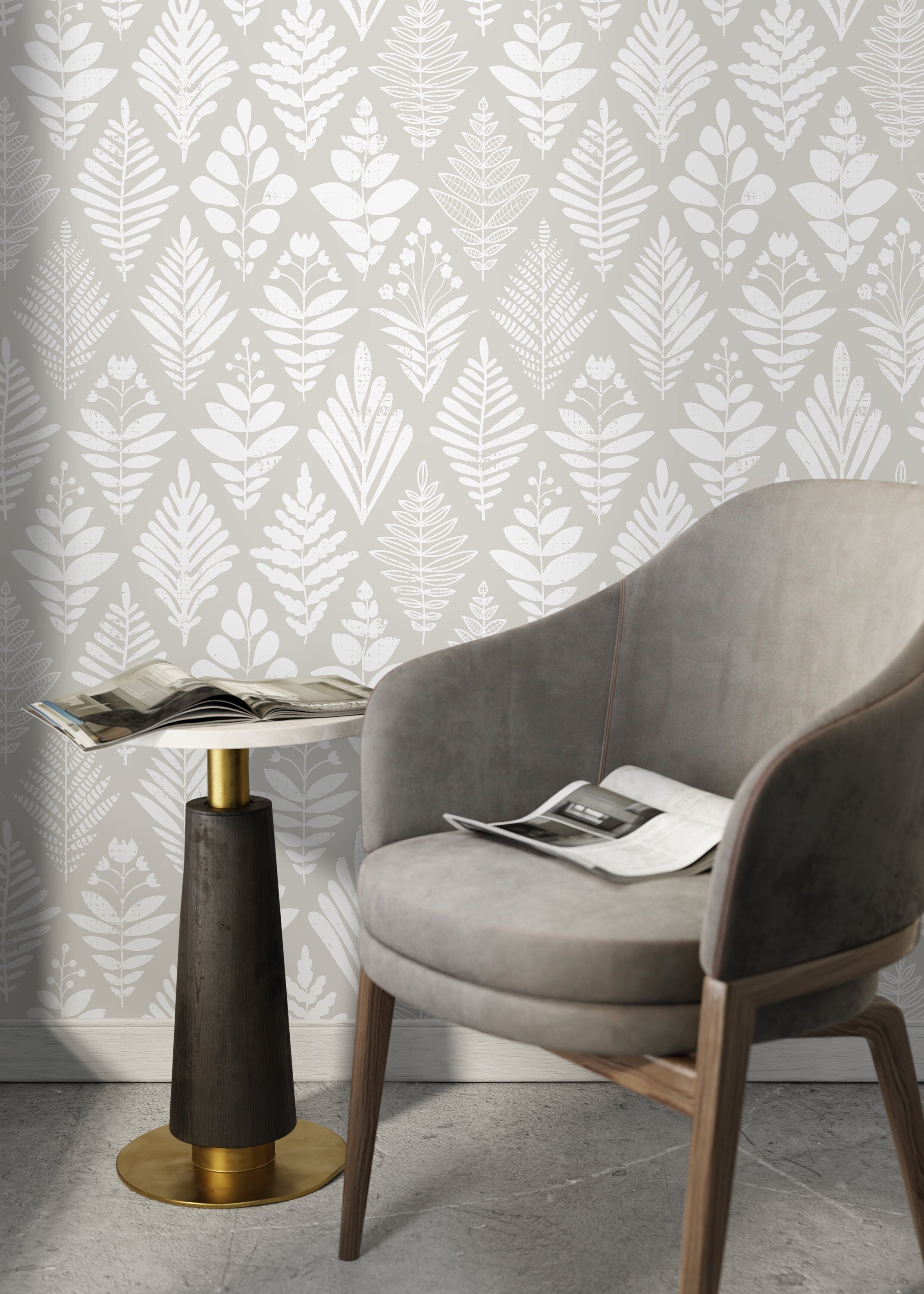 Botanical Wallpaper With A Scandinavian Folk Art Motif In Grey And White - D183