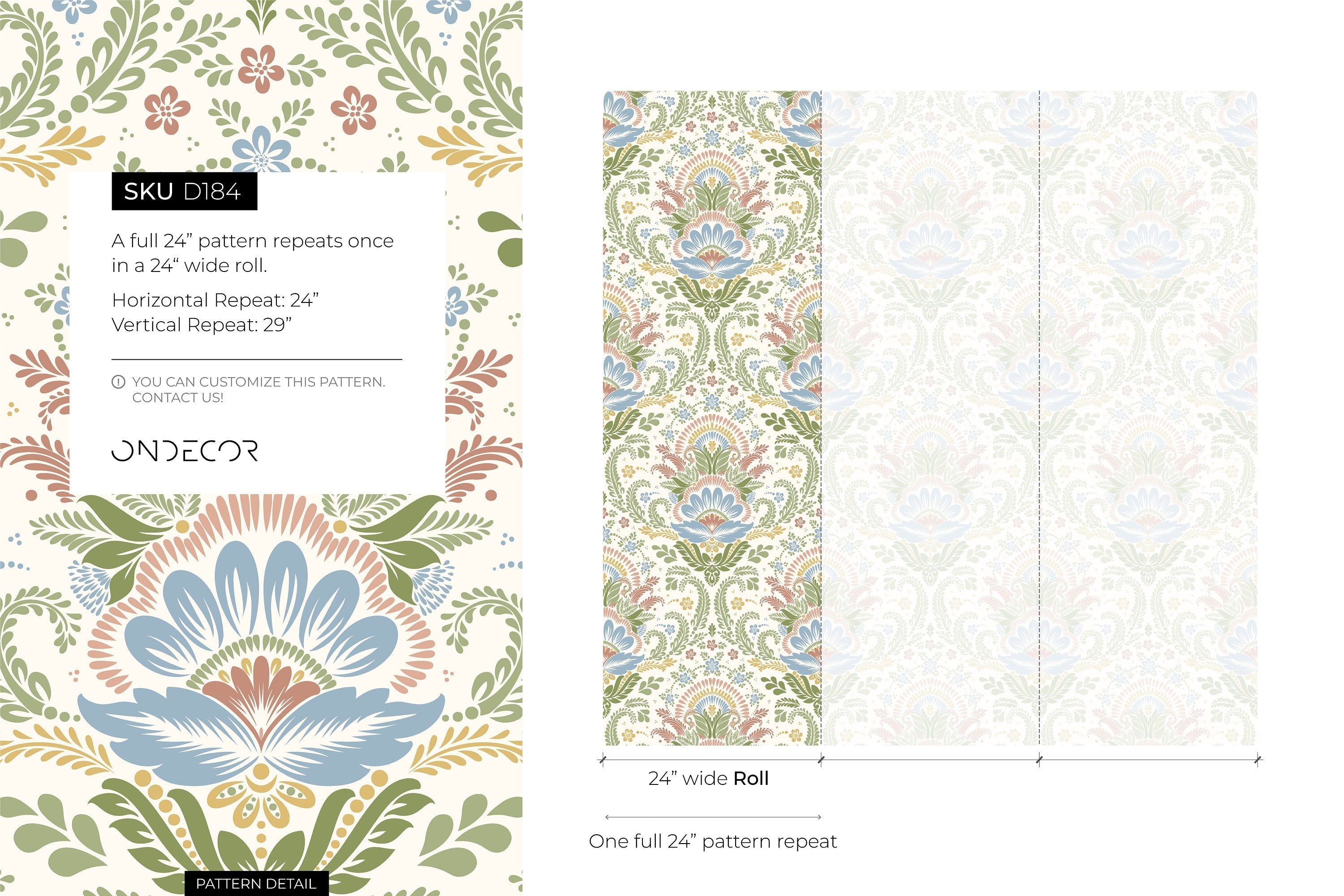 Damask Wallpaper With A Folk Floral Motif In Blue, Green, And Pink - D184