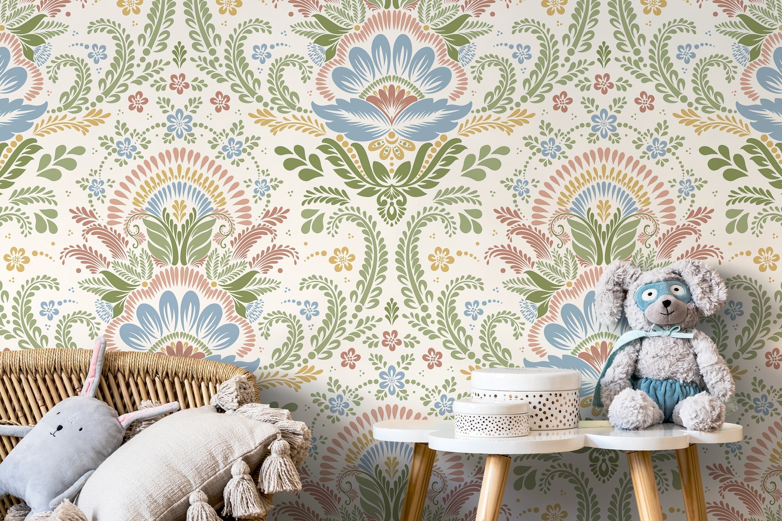 Damask Wallpaper With A Folk Floral Motif In Blue, Green, And Pink - D184