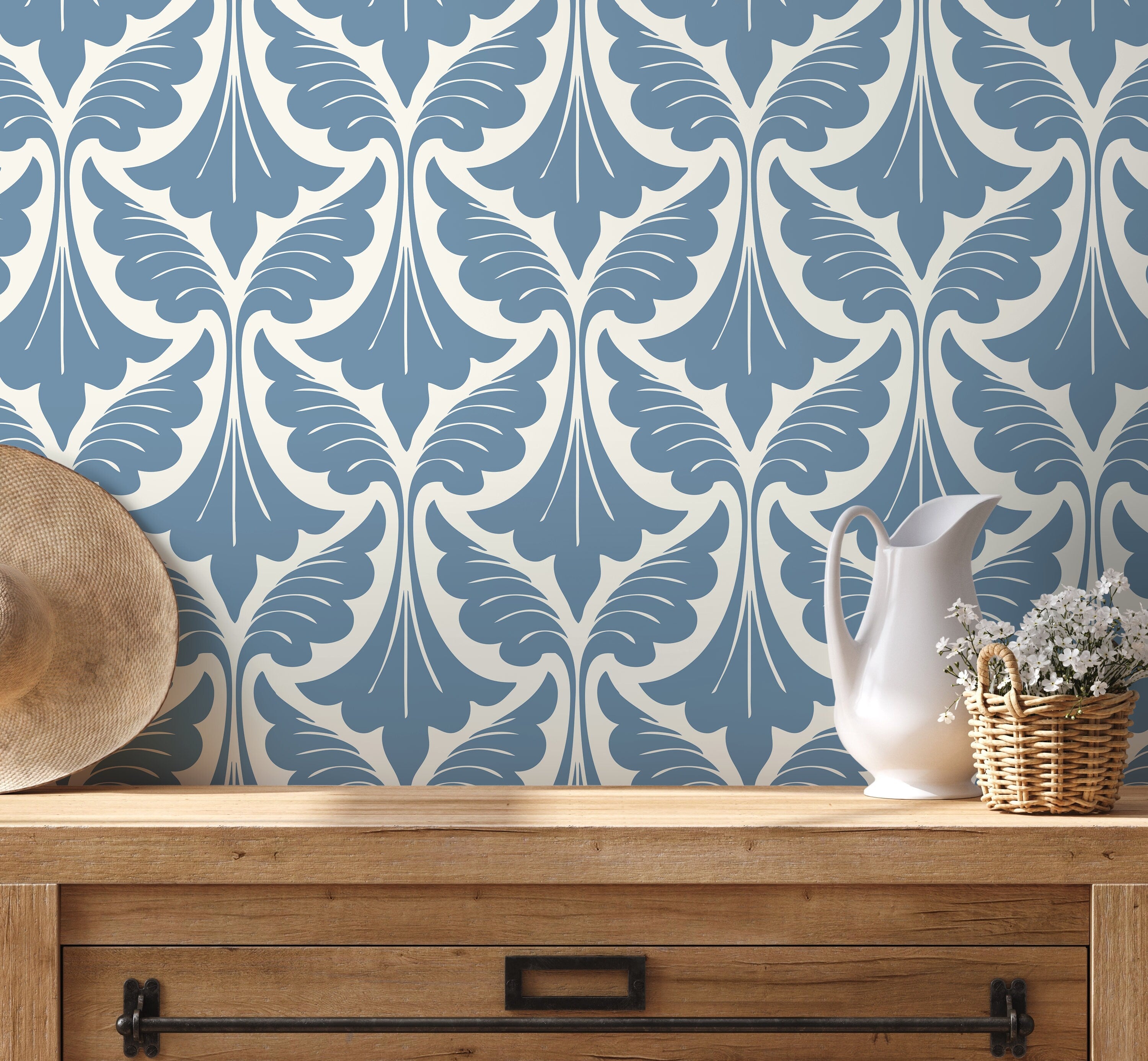 Damask Wallpaper With A Stylized Leaf Motif In Light Blue - D189