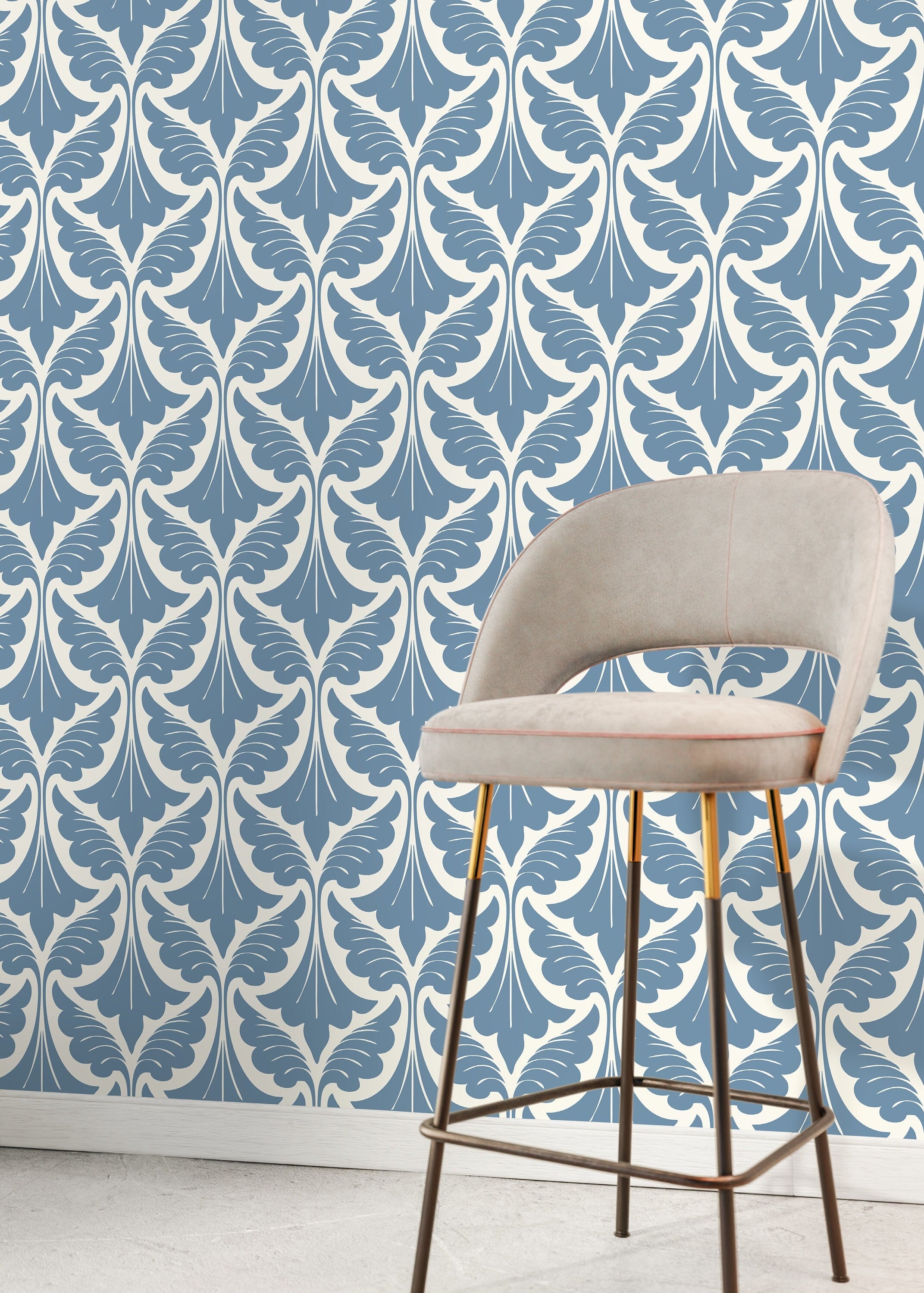 Damask Wallpaper With A Stylized Leaf Motif In Light Blue - D189
