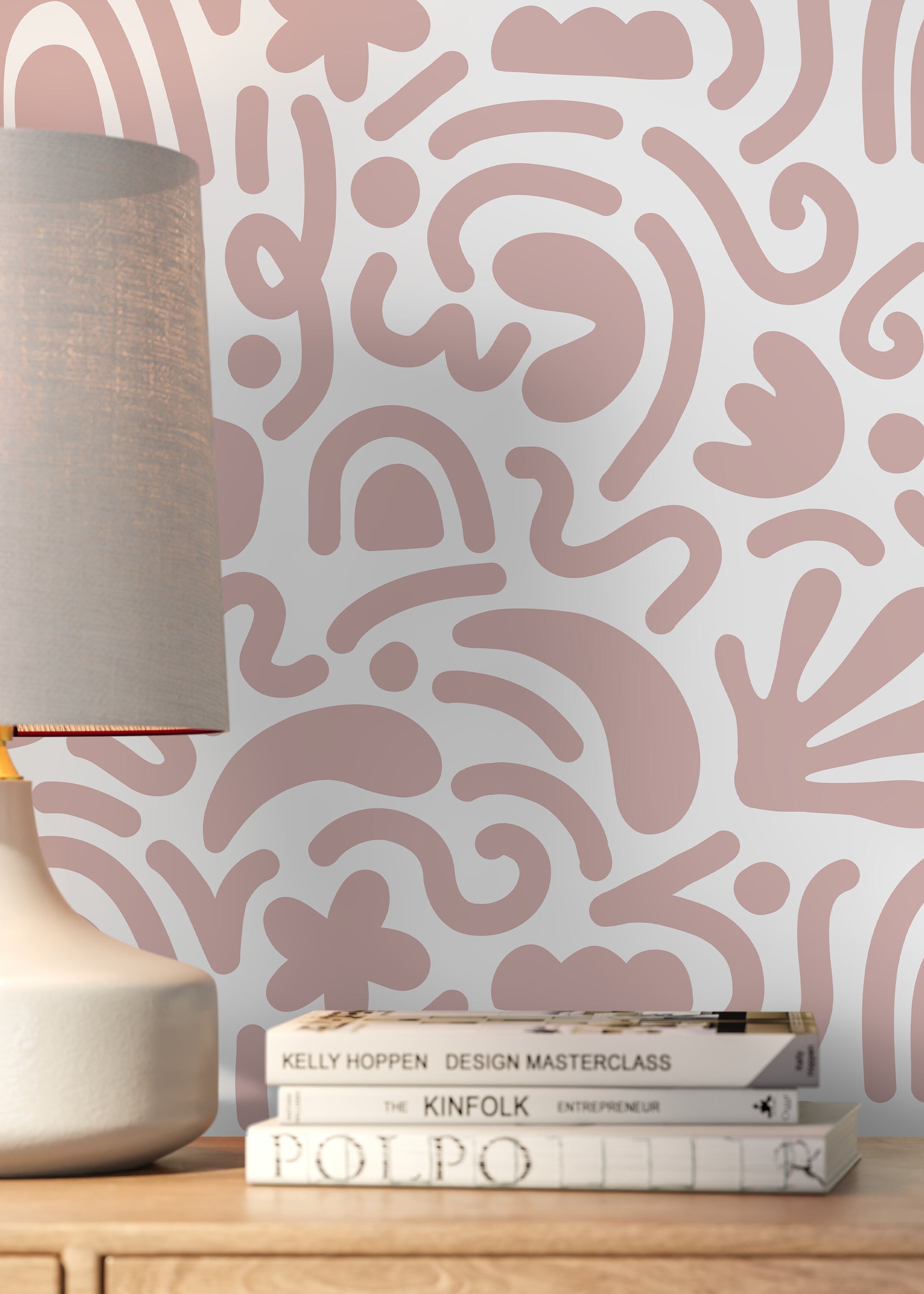 Abstract Wallpaper With Matisse Style Cut-out Shapes In Old Rose - D192