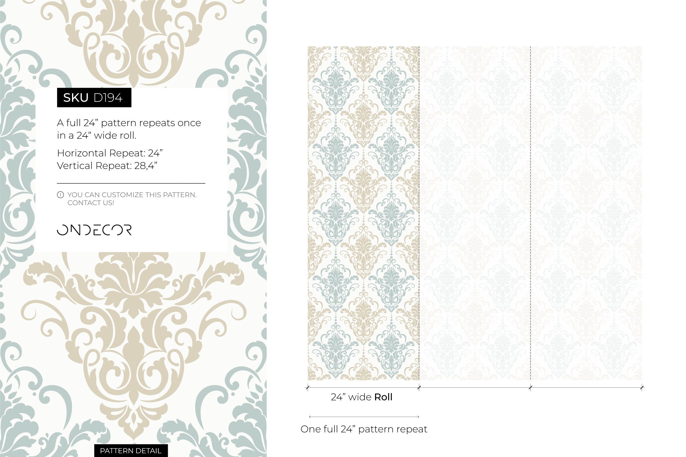 Damask Wallpaper With An Elegant Scroll Motif In Light Blue And Beige - D194