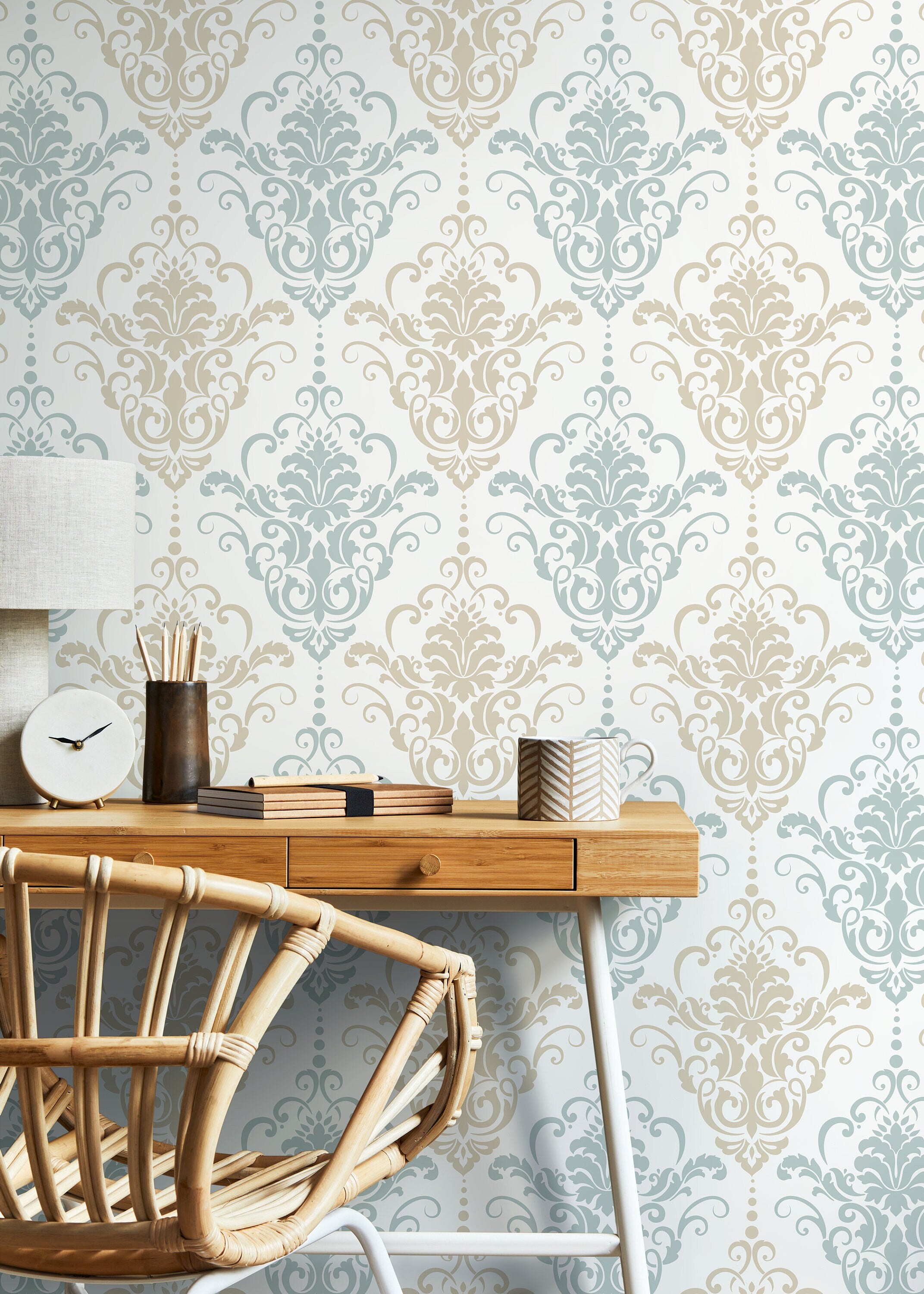 Damask Wallpaper With An Elegant Scroll Motif In Light Blue And Beige - D194