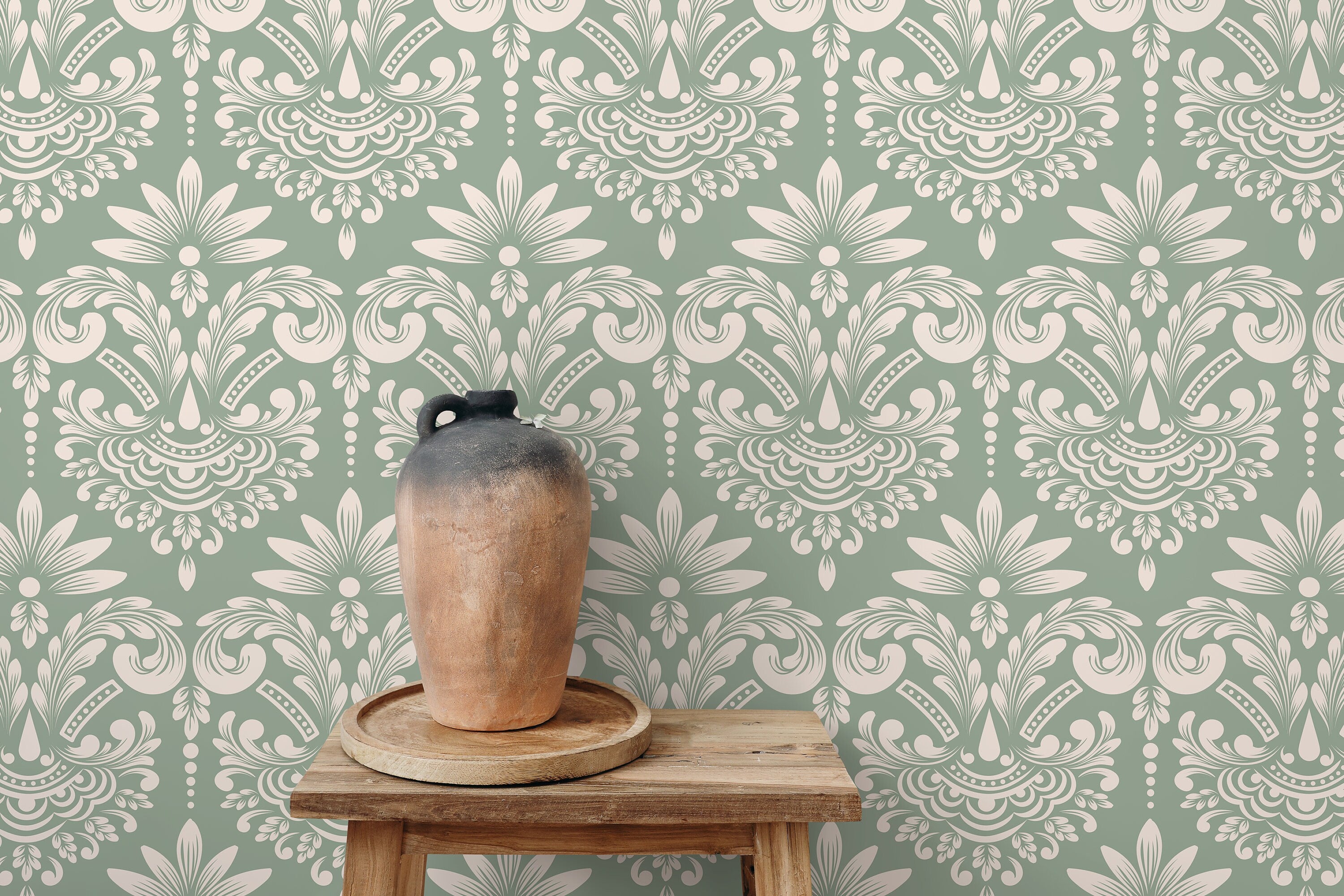 Damask Wallpaper With A Classic Vintage Scroll In Mint Green And Off-white - D251