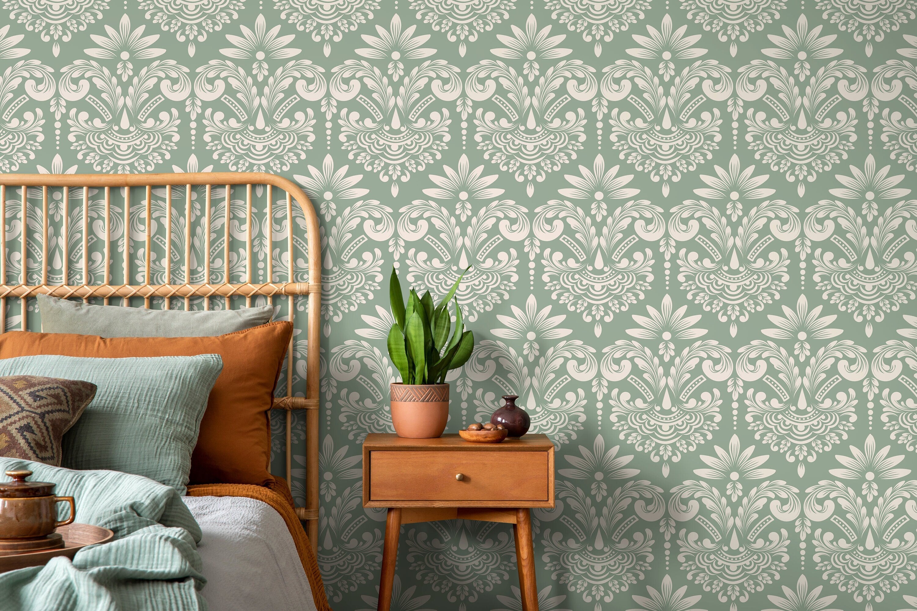 Damask Wallpaper With A Classic Vintage Scroll In Mint Green And Off-white - D251