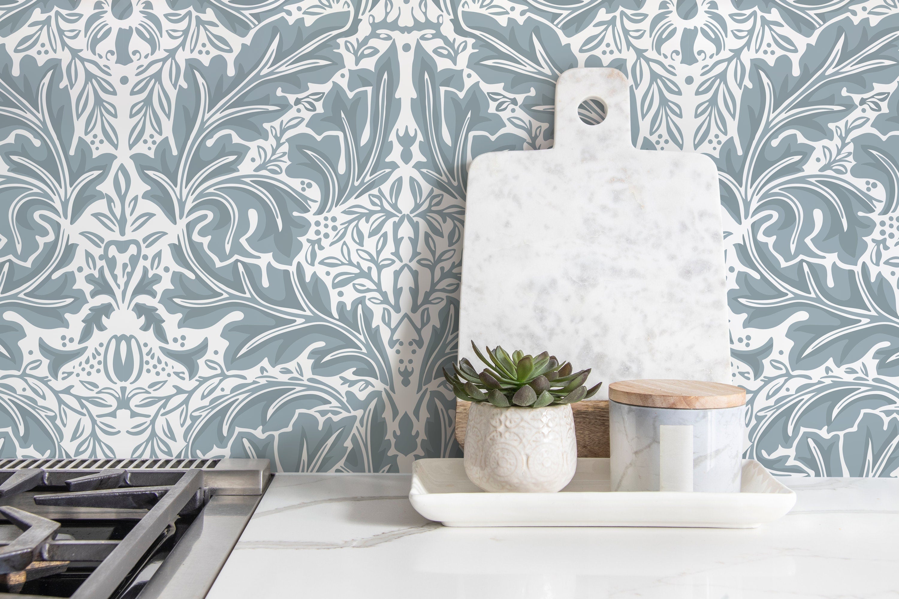 Victorian Wallpaper With An Elegant Botanical Damask In Light Blue - D268