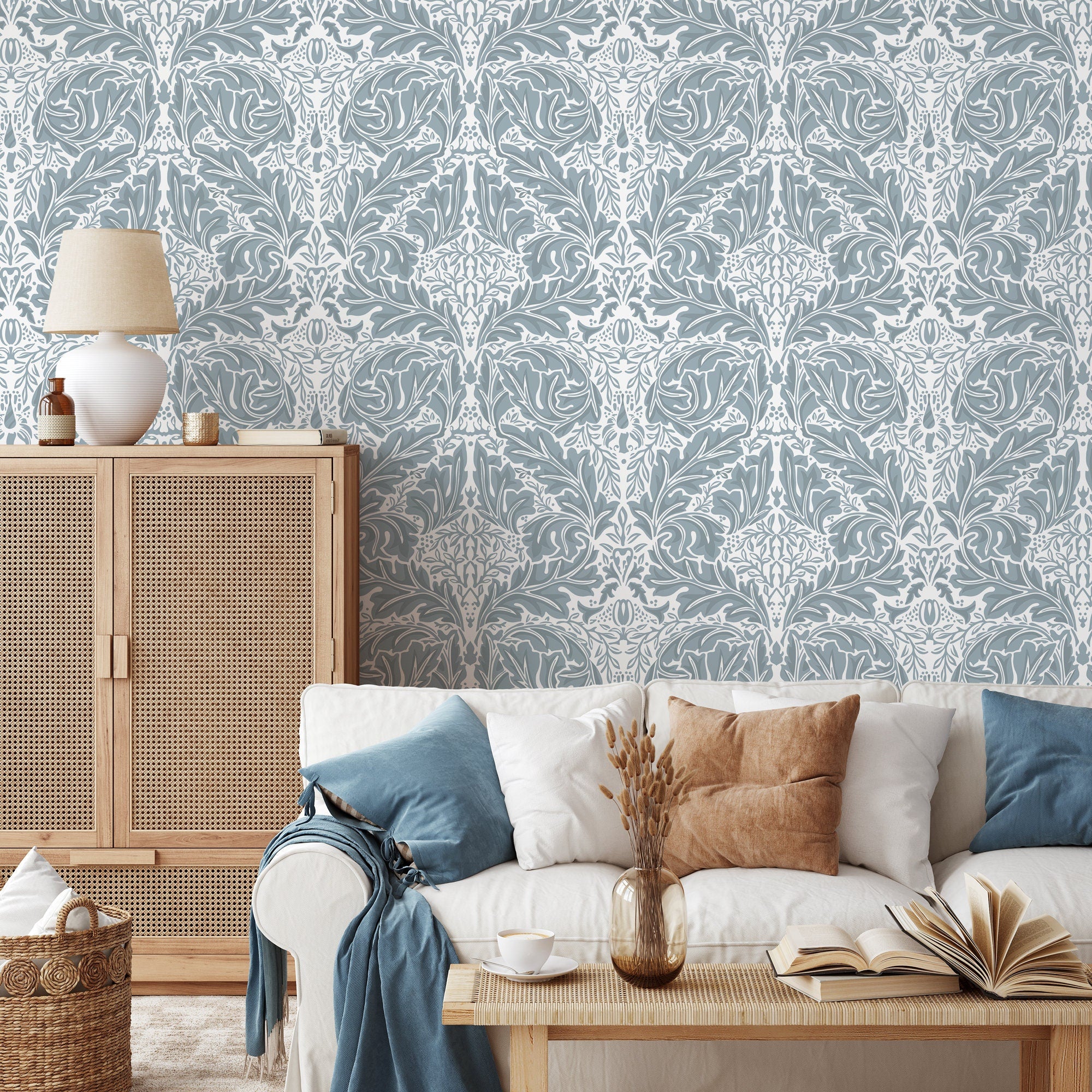 Victorian Wallpaper With An Elegant Botanical Damask In Light Blue - D268