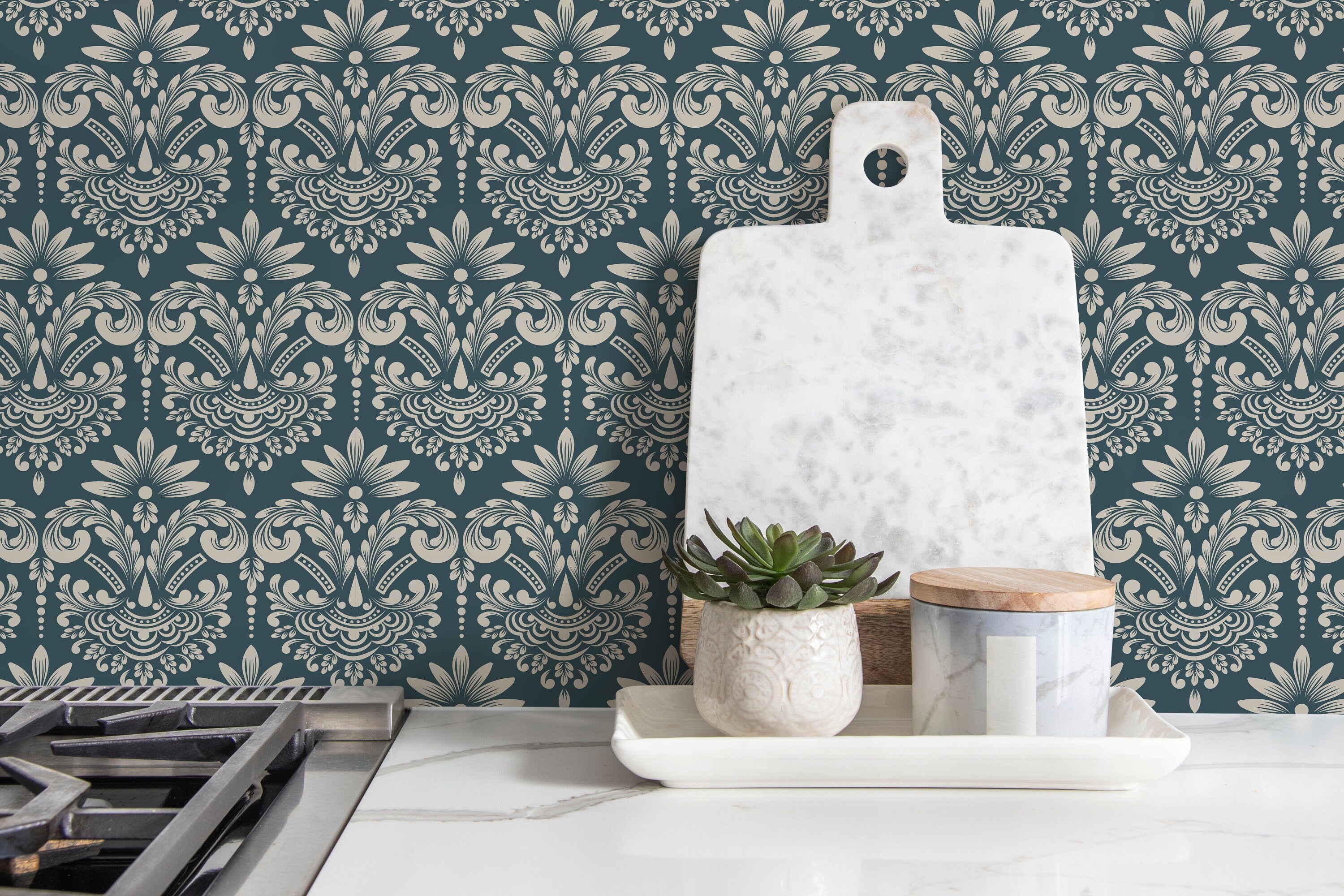 Damask Wallpaper With An Intricate Scrolling Motif In Teal And Cream - D252