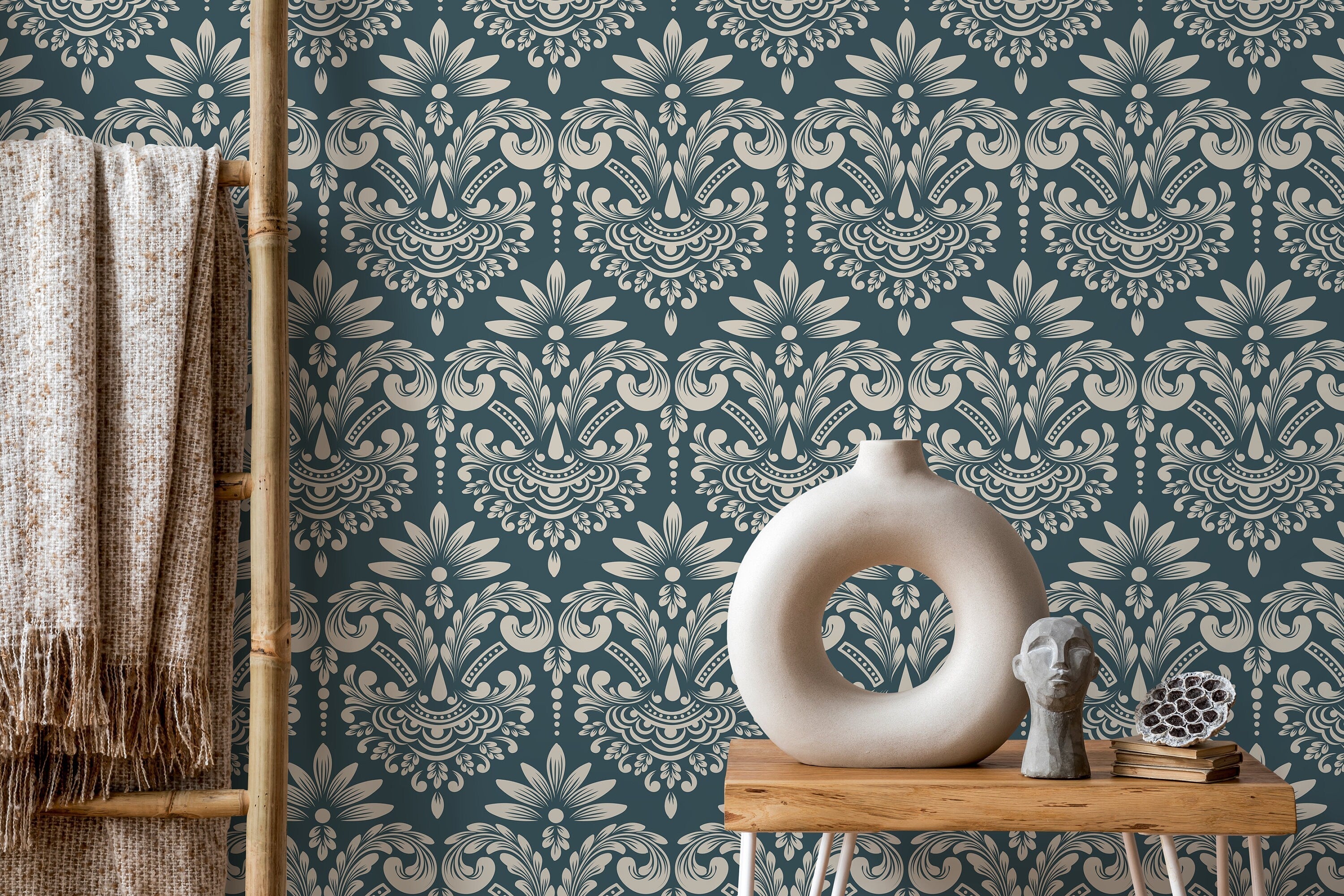 Damask Wallpaper With An Intricate Scrolling Motif In Teal And Cream - D252
