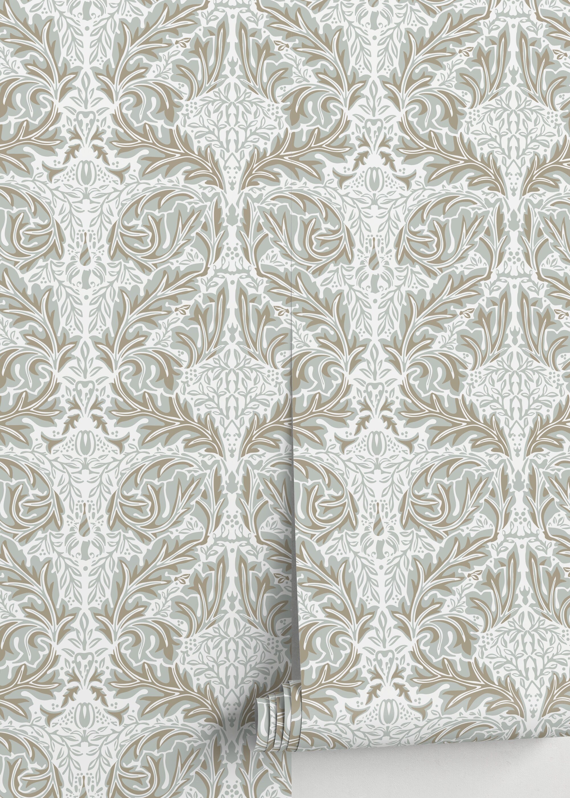 Damask Wallpaper With A Classic Acanthus Leaf Motif In Taupe And Grey - D269