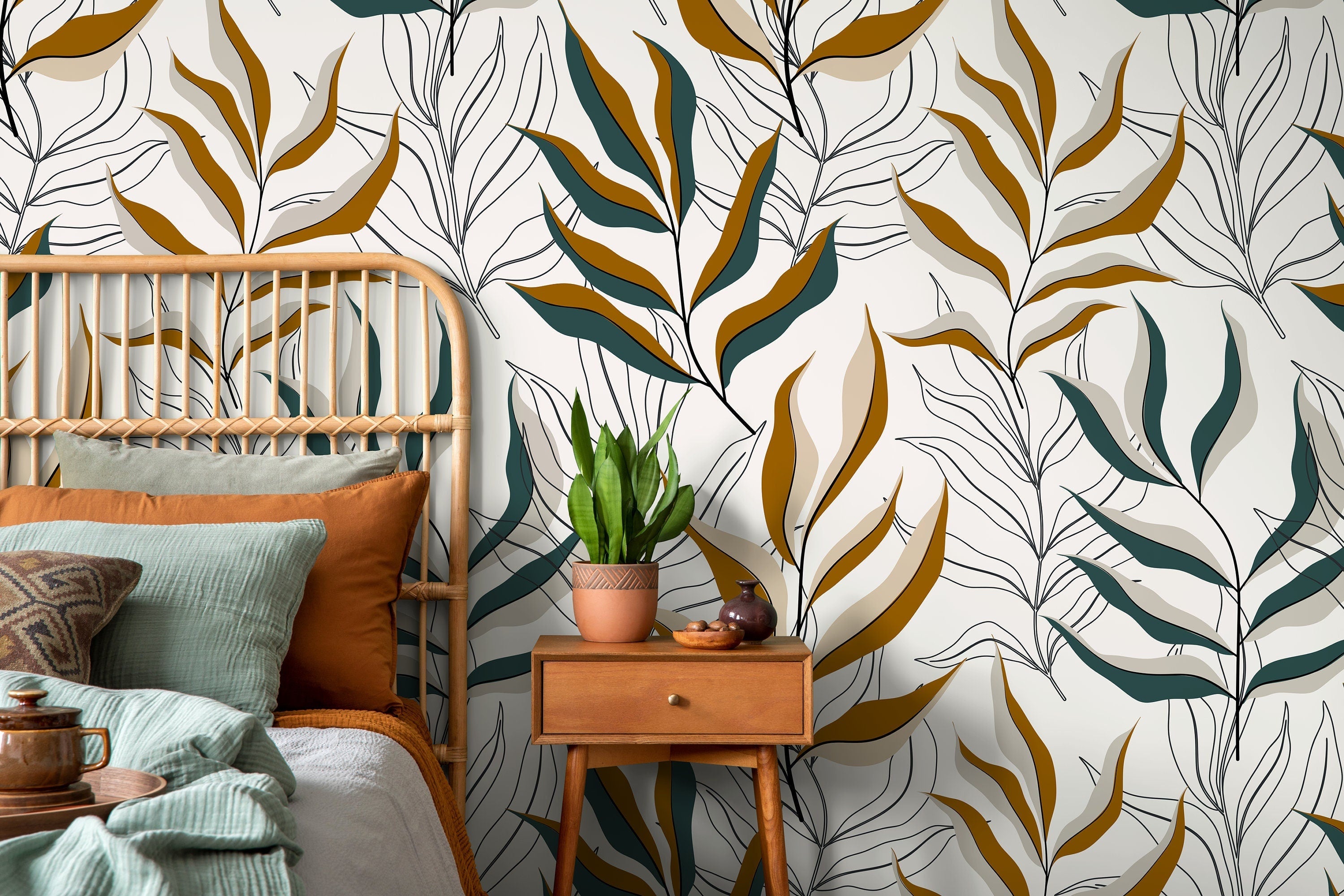 Botanical Wallpaper With Overlapping Fronds In Ochre, Teal, And Black - D253