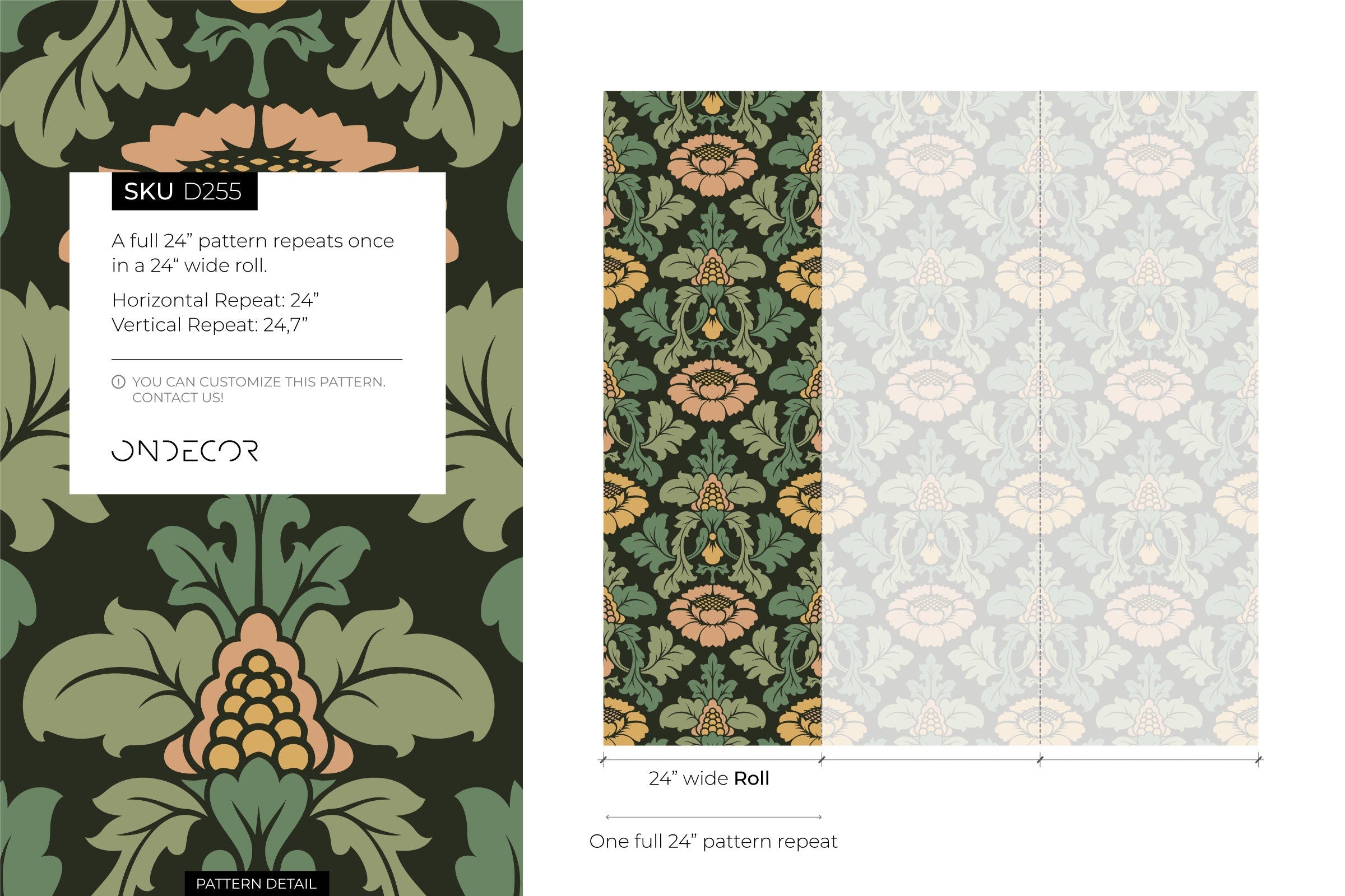 Damask Wallpaper With A Vintage Floral Motif In Green, Gold, And Pink - D255
