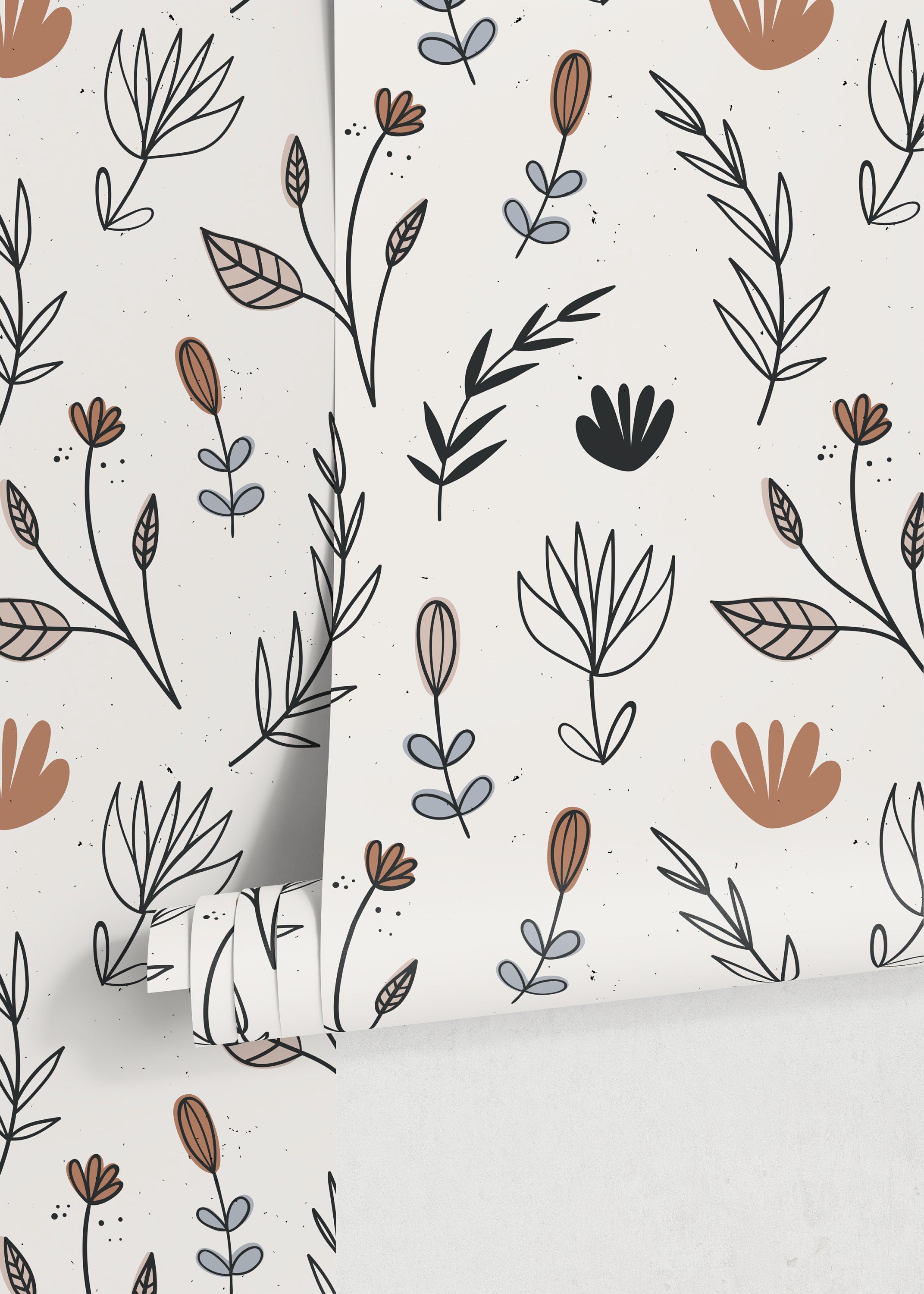Botanical Wallpaper With Minimalist Line Art Florals In Black, Brown, And Blue - D272