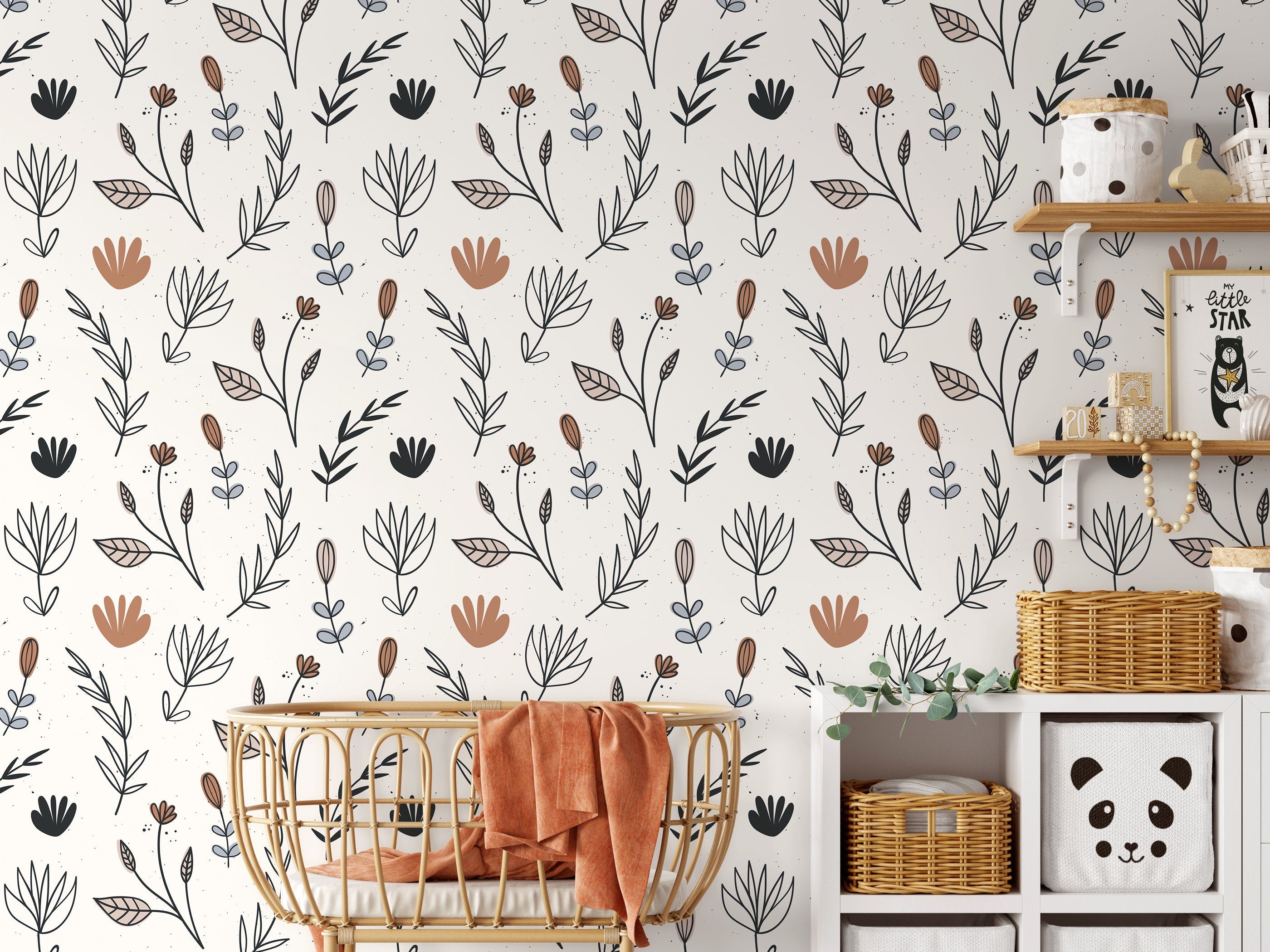 Botanical Wallpaper With Minimalist Line Art Florals In Black, Brown, And Blue - D272