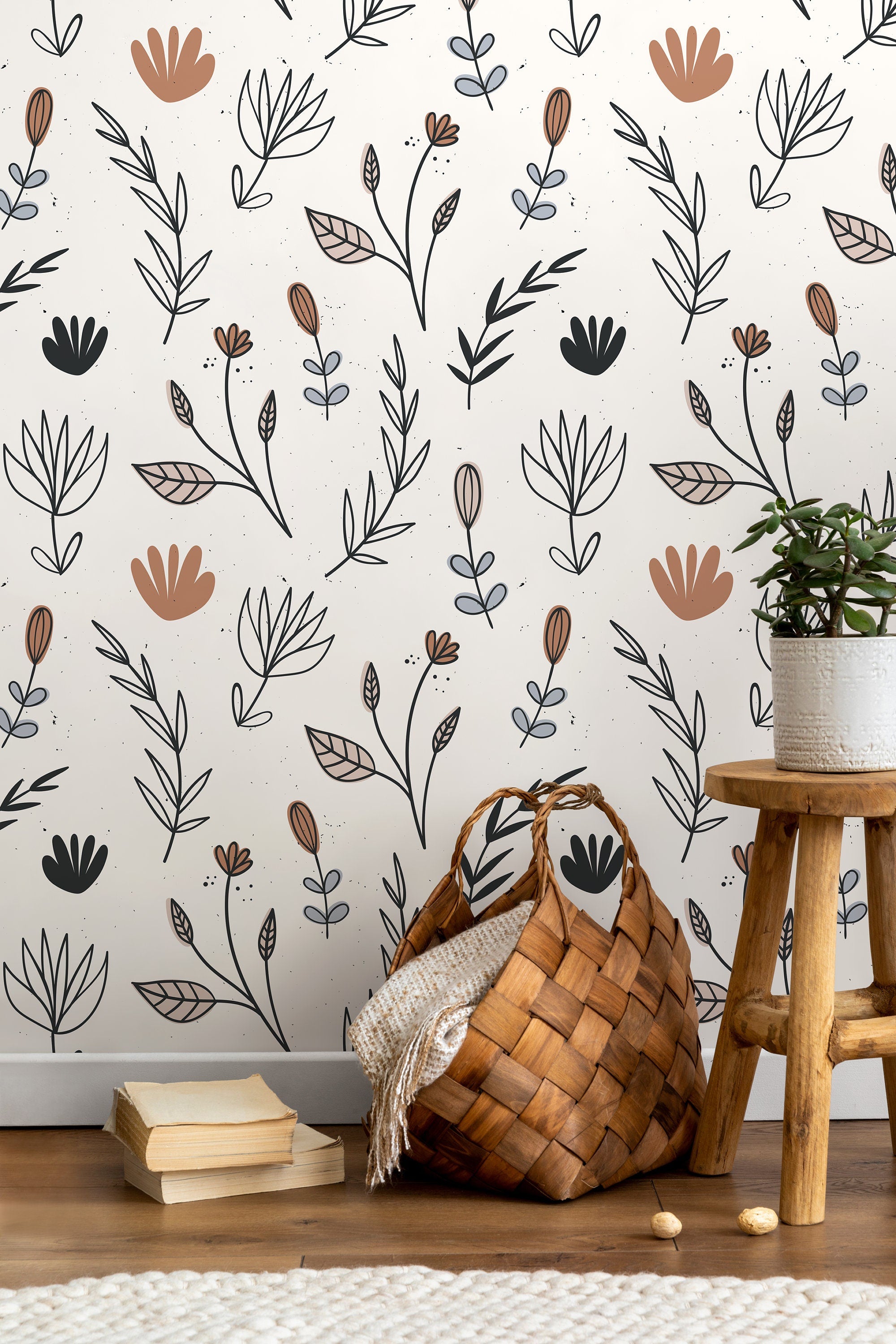 Botanical Wallpaper With Minimalist Line Art Florals In Black, Brown, And Blue - D272