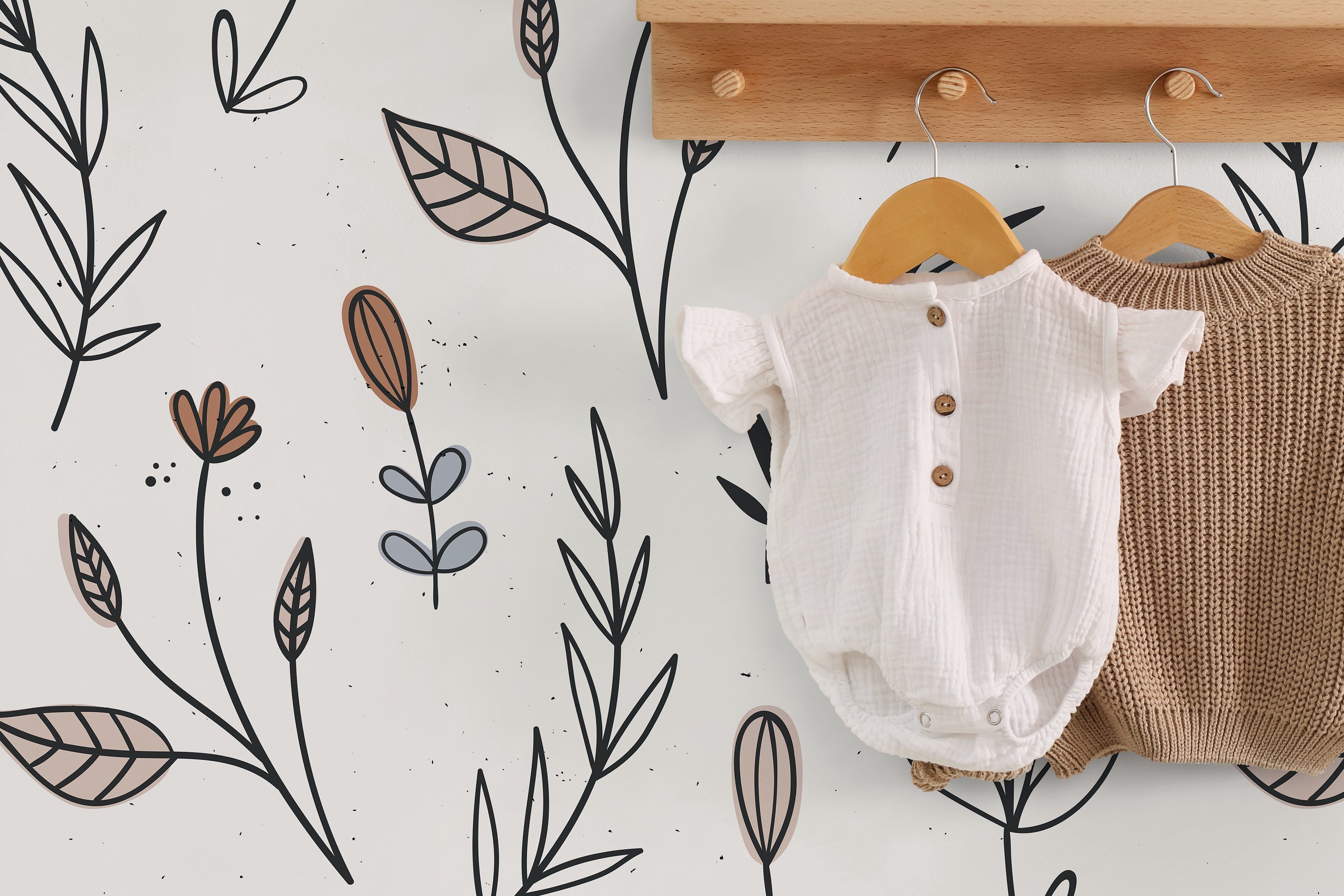 Botanical Wallpaper With Minimalist Line Art Florals In Black, Brown, And Blue - D272