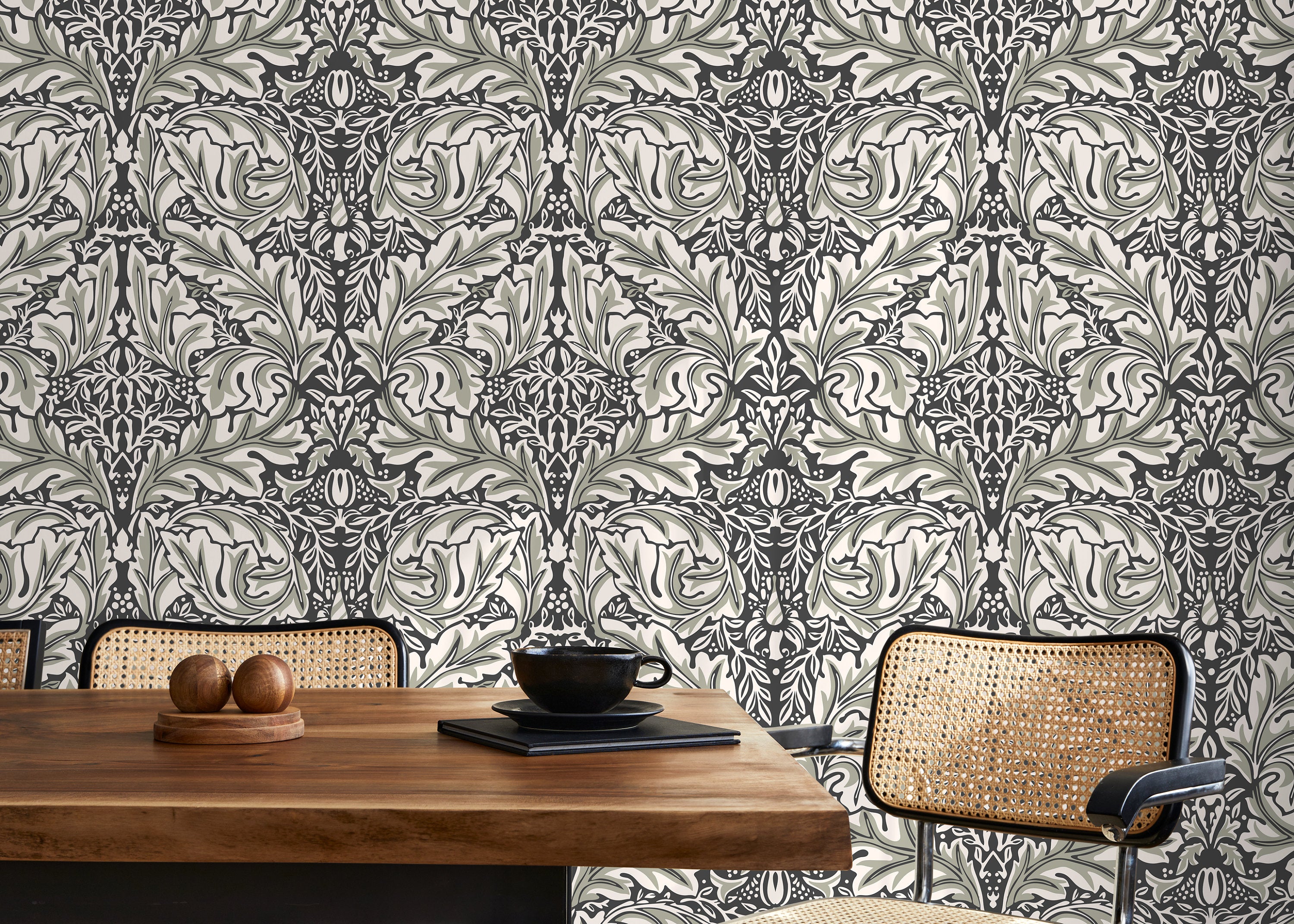 Victorian Wallpaper With A Symmetrical Leaf Motif In Green, Black, And Cream - D266