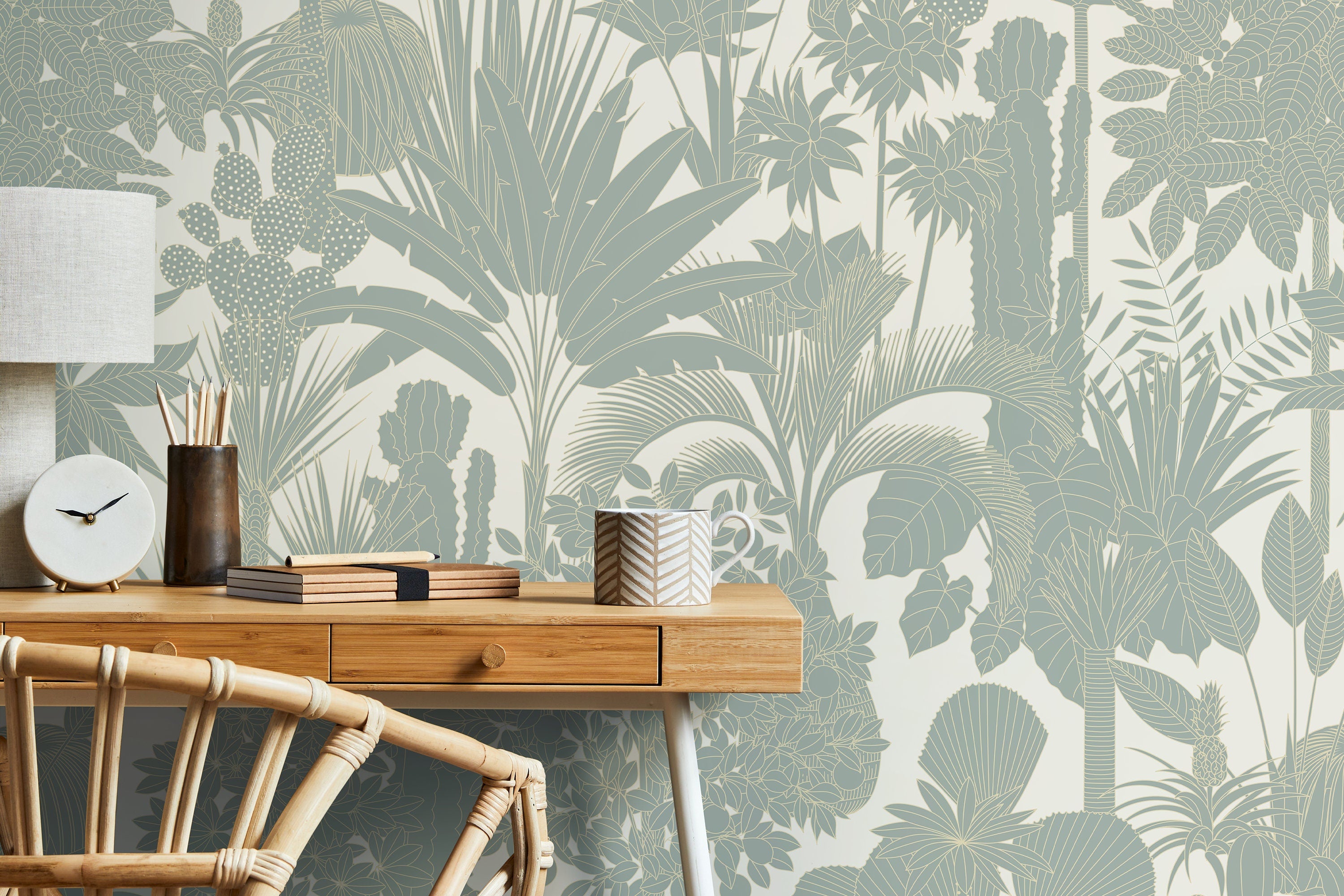 Botanical Wallpaper Featuring A Jungle And Cactus Motif In Sage Green - D275
