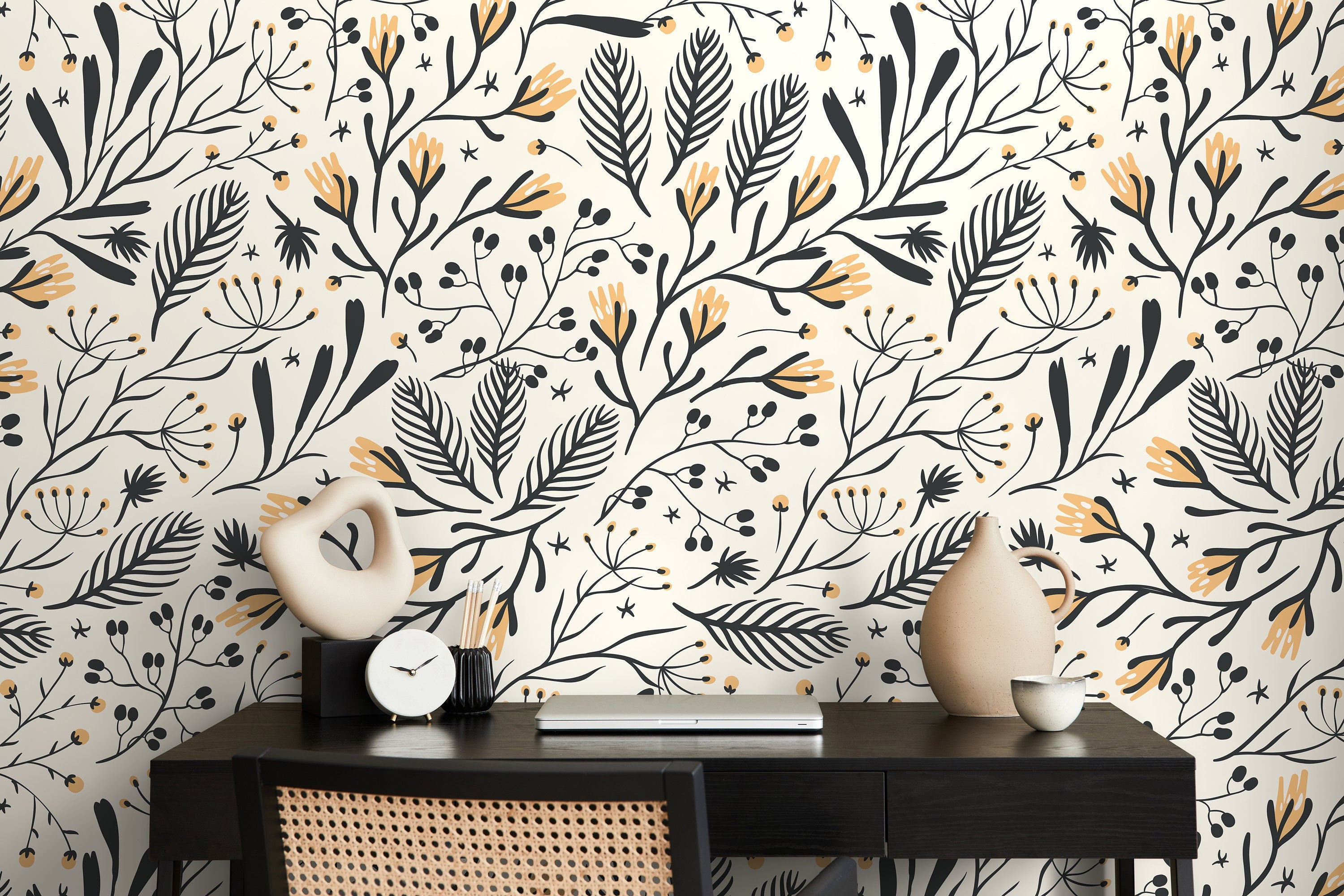 Botanical Wallpaper With Stylized Folk Art Botanicals In Black And Yellow - D280