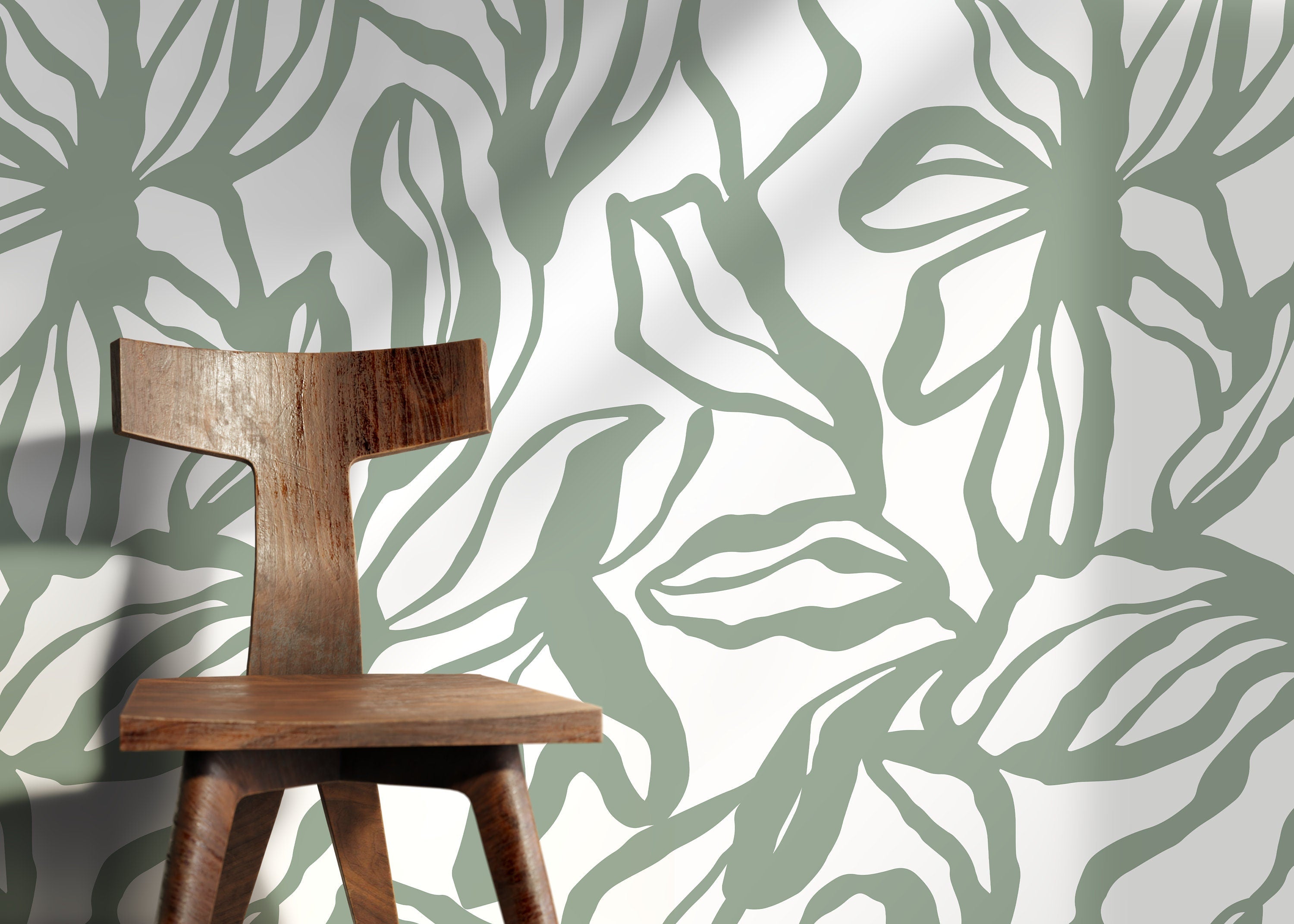 Abstract Botanical Wallpaper With Stylized Leaves In Sage Green - D288