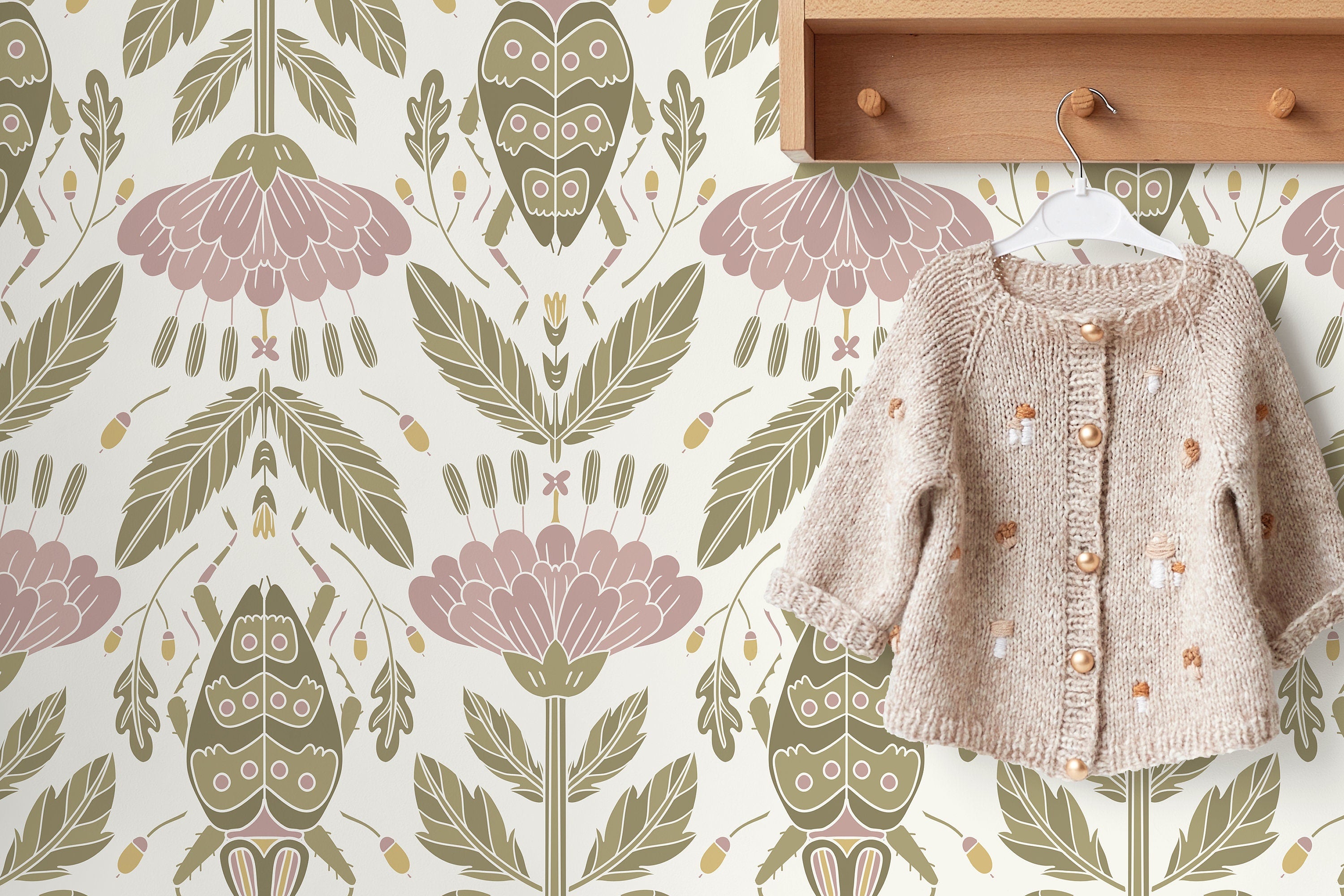 Floral Wallpaper With An Art Nouveau Beetle Motif In Pink And Green - D298