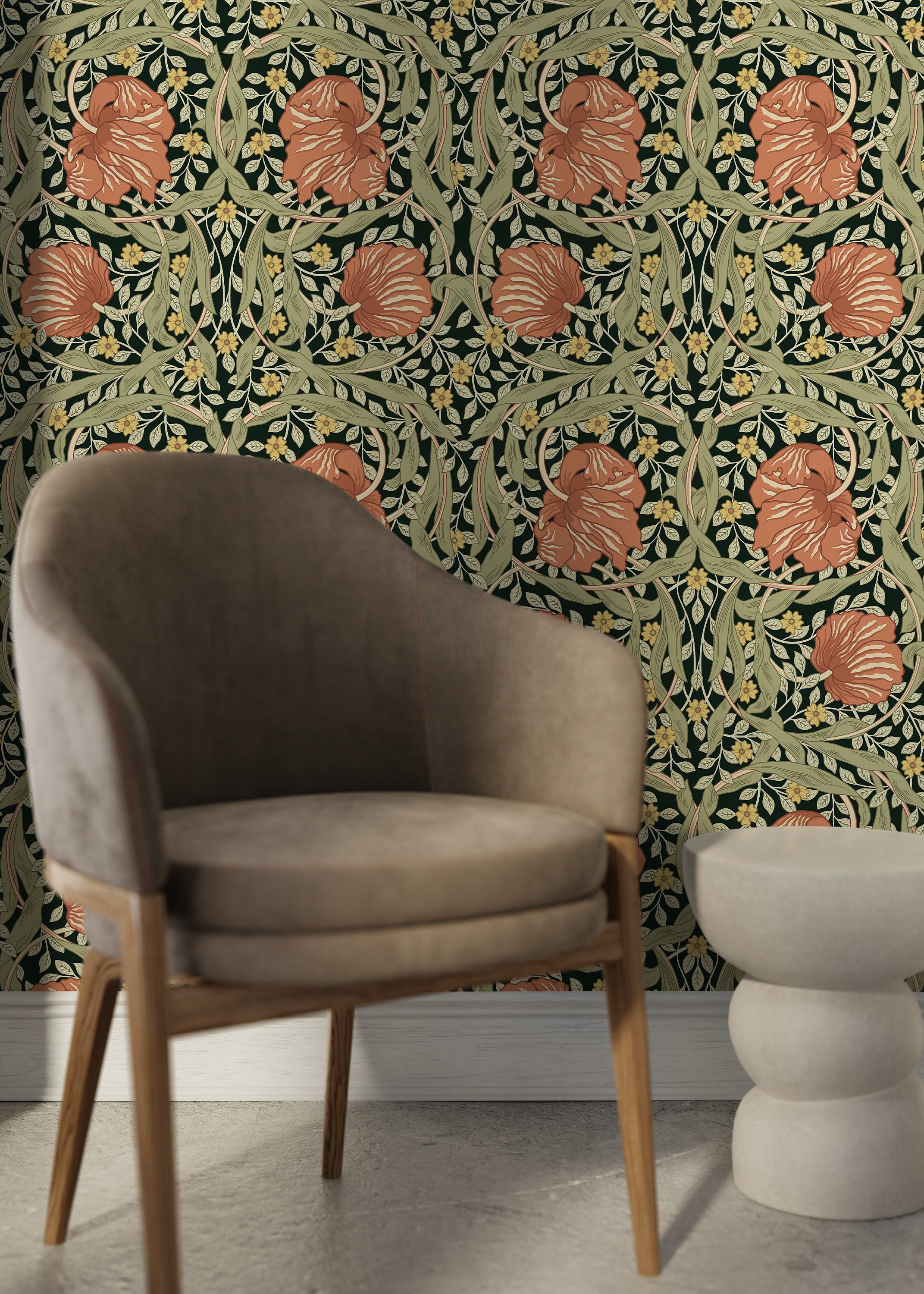 Floral Wallpaper With A Vintage Morris Style Motif In Green, Terracotta, And Yellow - D300